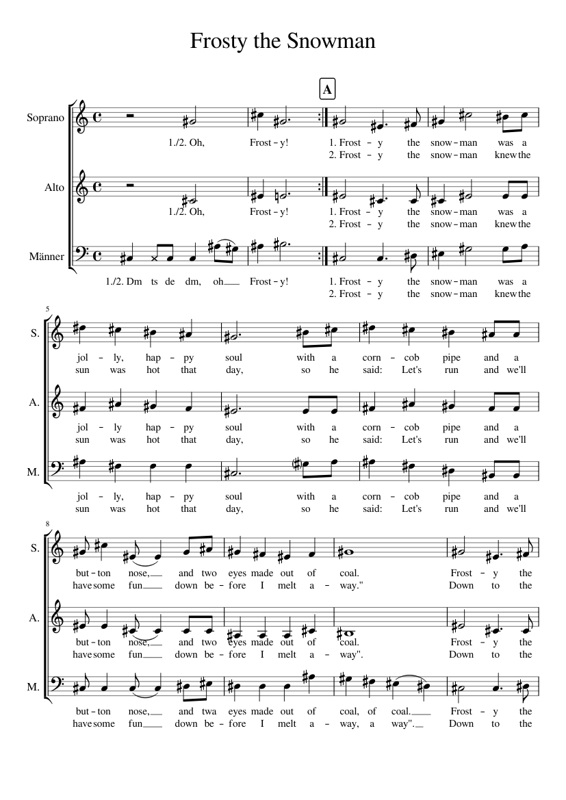 Frosty the Snowman Sheet Music for Soprano, Alto, Bass voice