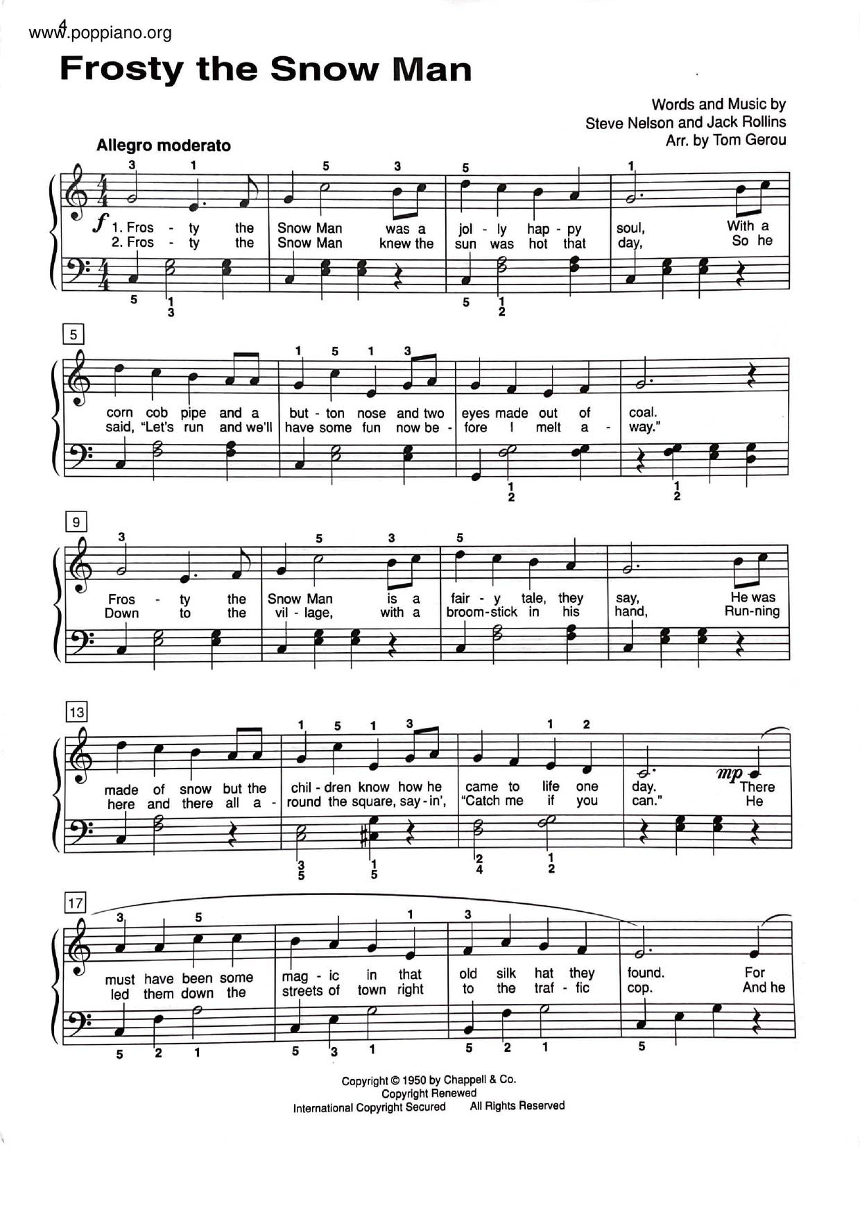 ☆ Frosty The Snowman  Sheet Music  Piano Score Free PDF