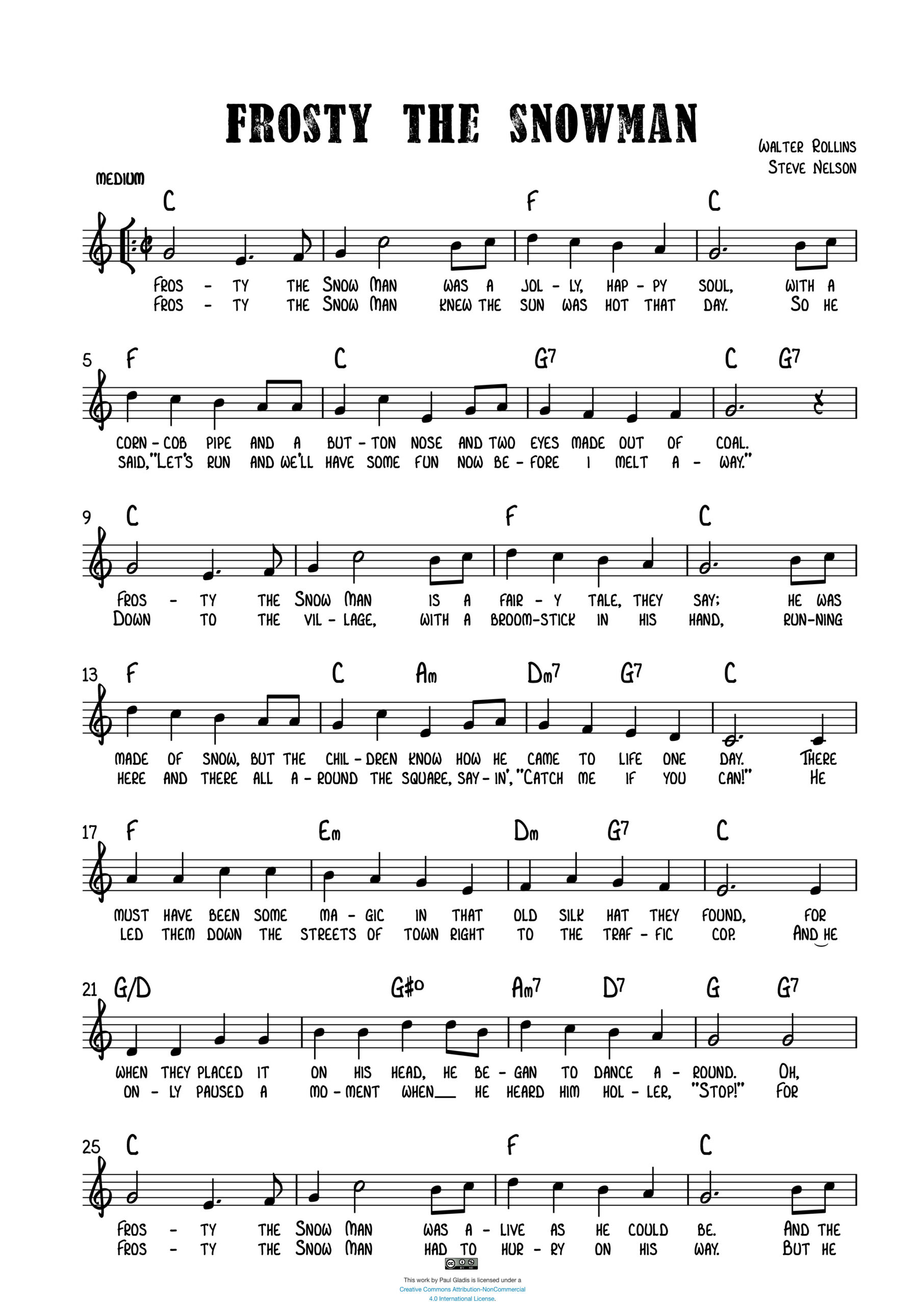 Frosty the Snowman – Sheet Music Transcriptions by Paul Gladis