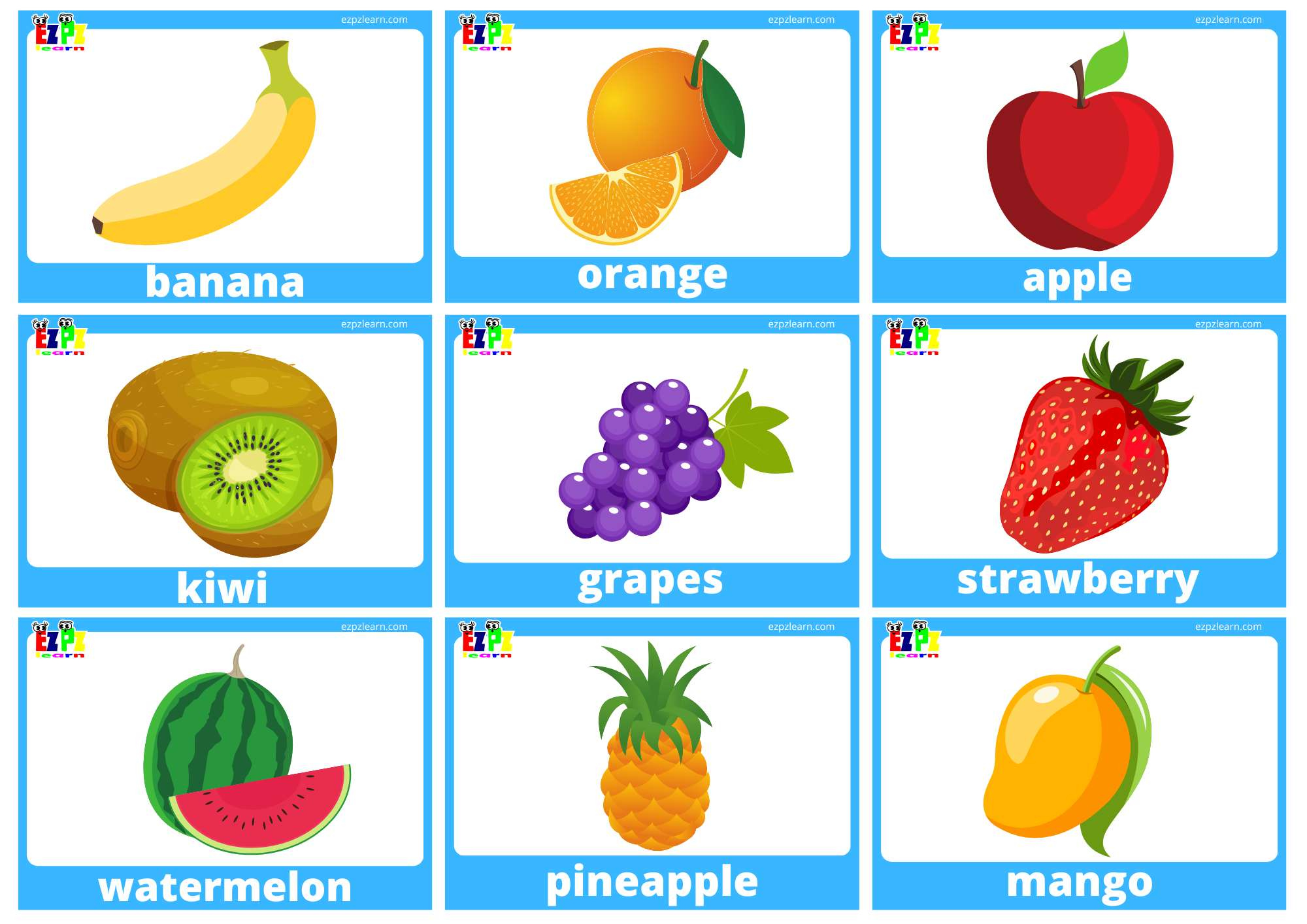 Fruit Flashcards with words use online or PDF download - Ezpzlearn