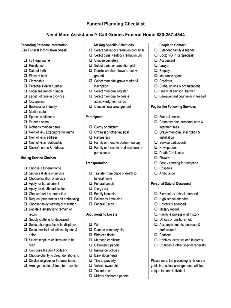 Funeral Planning Checklist Printable - Printable Alphabet Charts