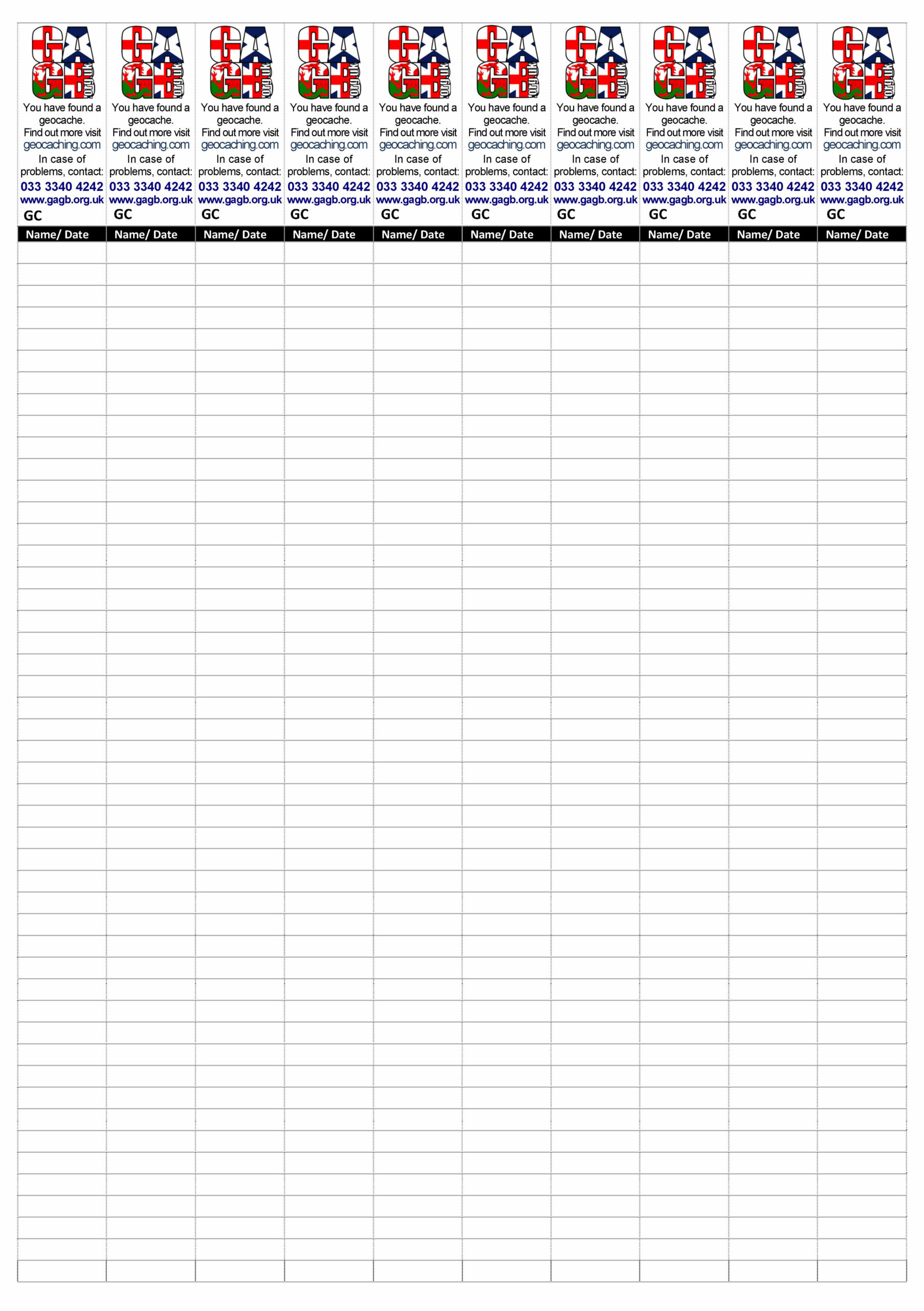 GAGB Free Downloadable Geocache Logbooks