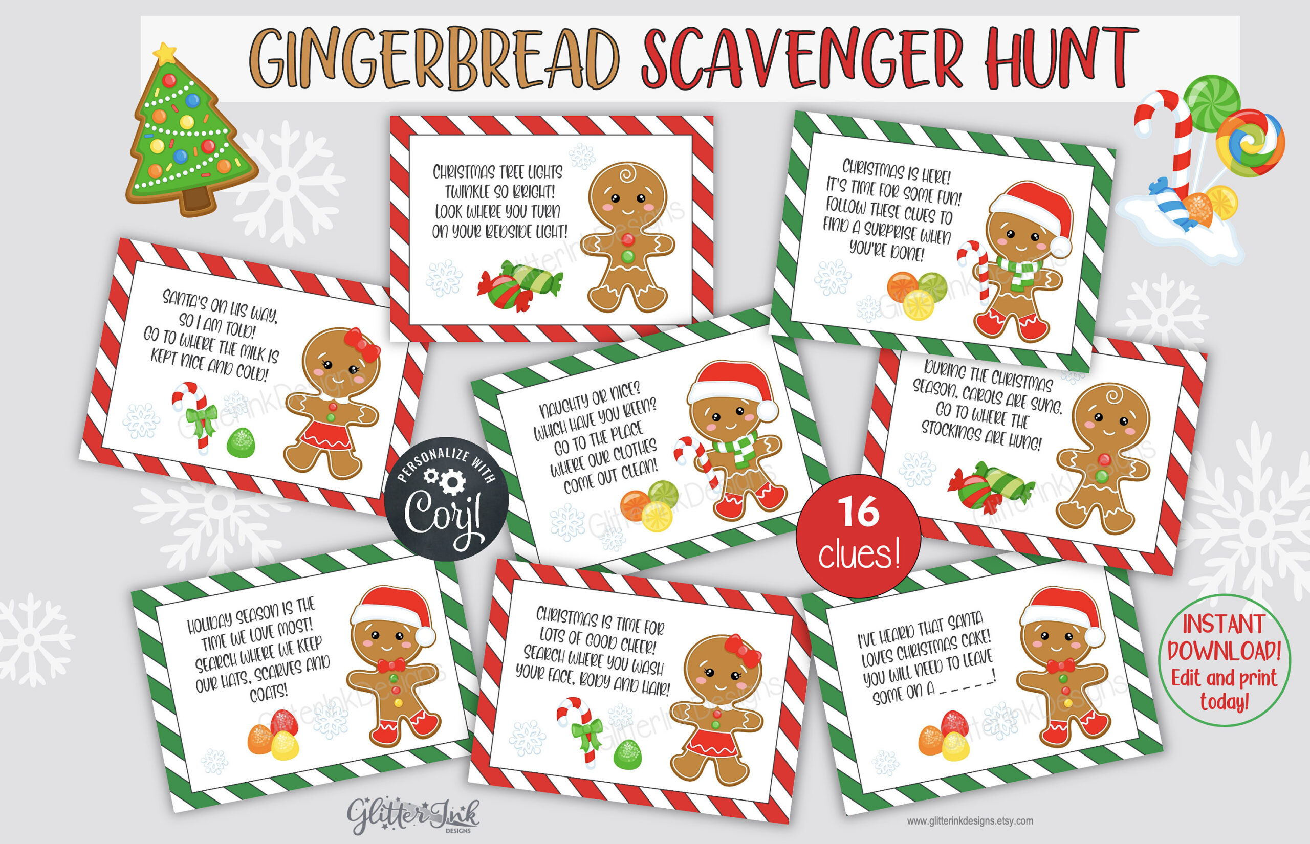 Gingerbread Scavenger Hunt Clue Cards, Christmas Printable