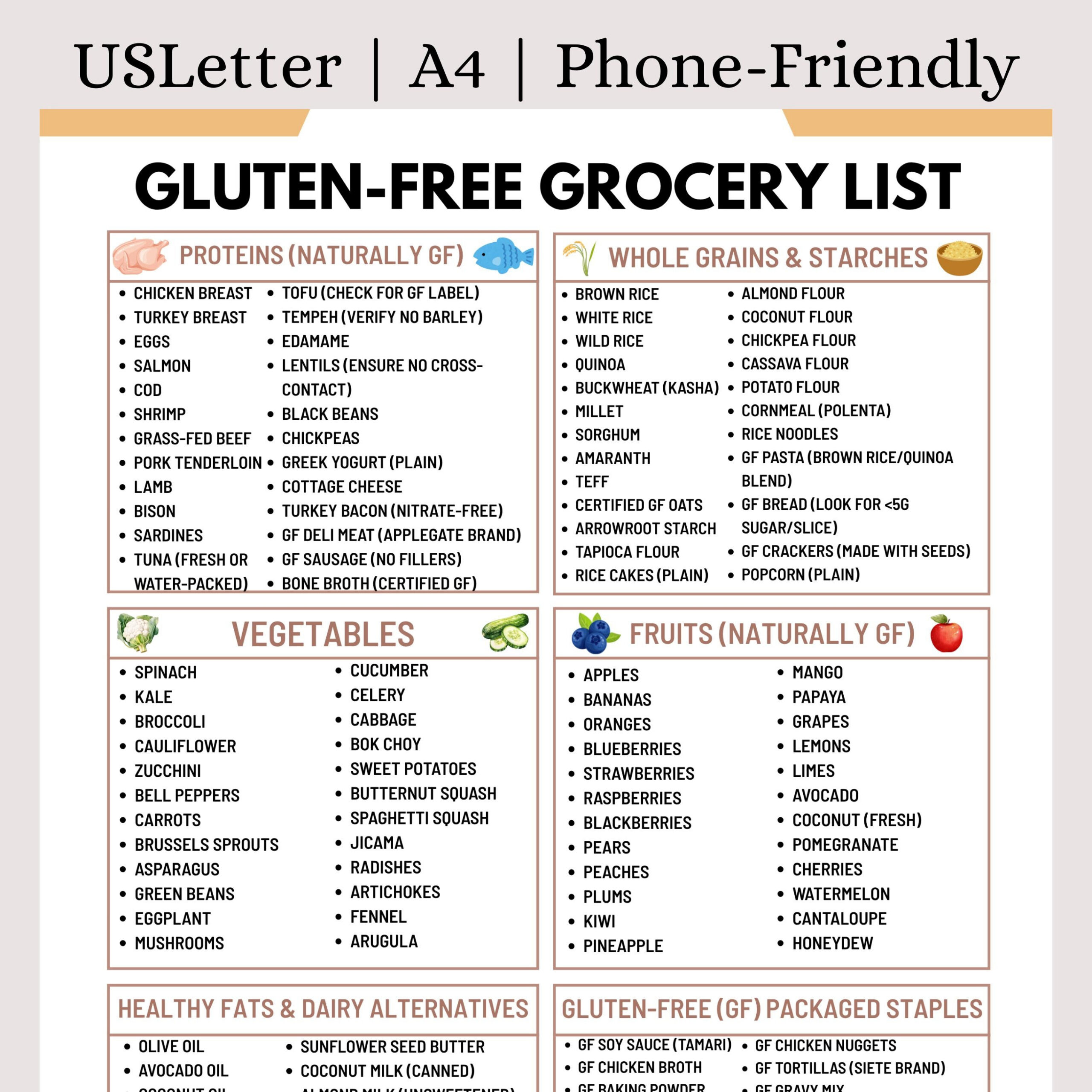Gluten-Free Grocery List Printable  -Item Food List for Celiac