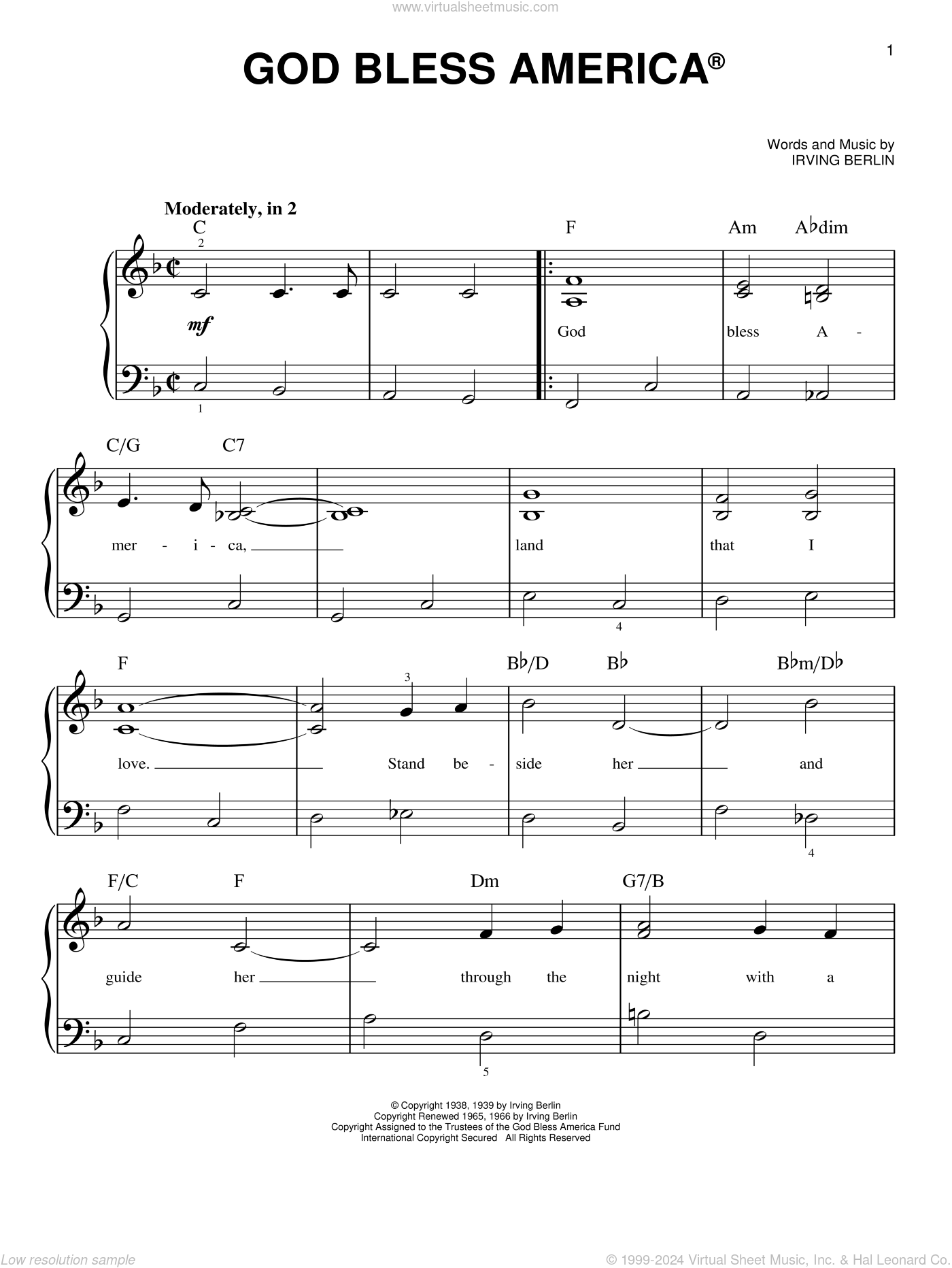 God Bless America, (beginner) sheet music for piano solo (PDF)