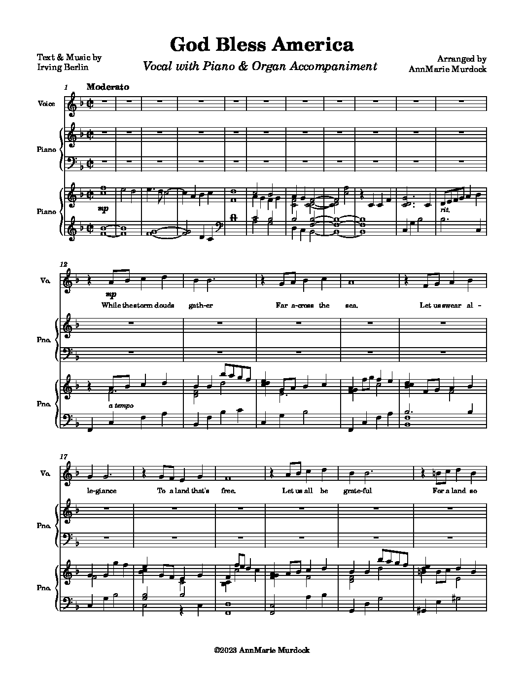 God Bless America (by AnnMarie Murdock -- SATB, Vocal Solo)