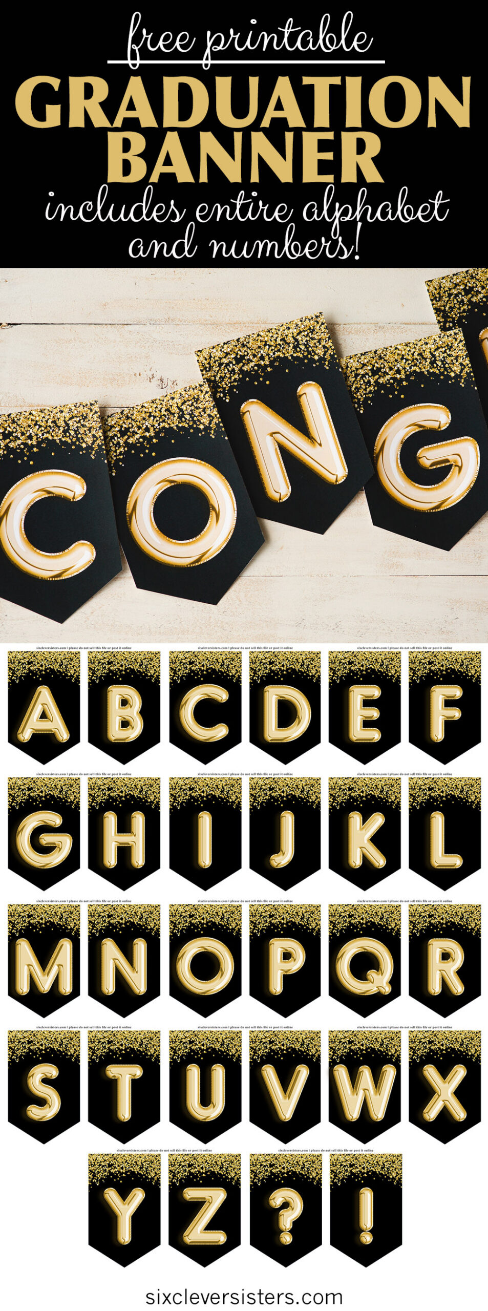 Graduation banner, Black and Gold - Free Printable - Six Clever