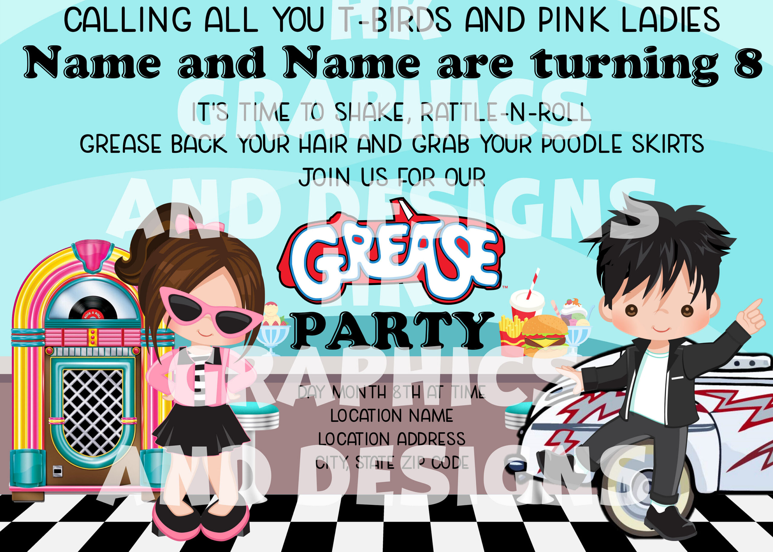 Grease Birthday Invitations: s Diner, Rock N