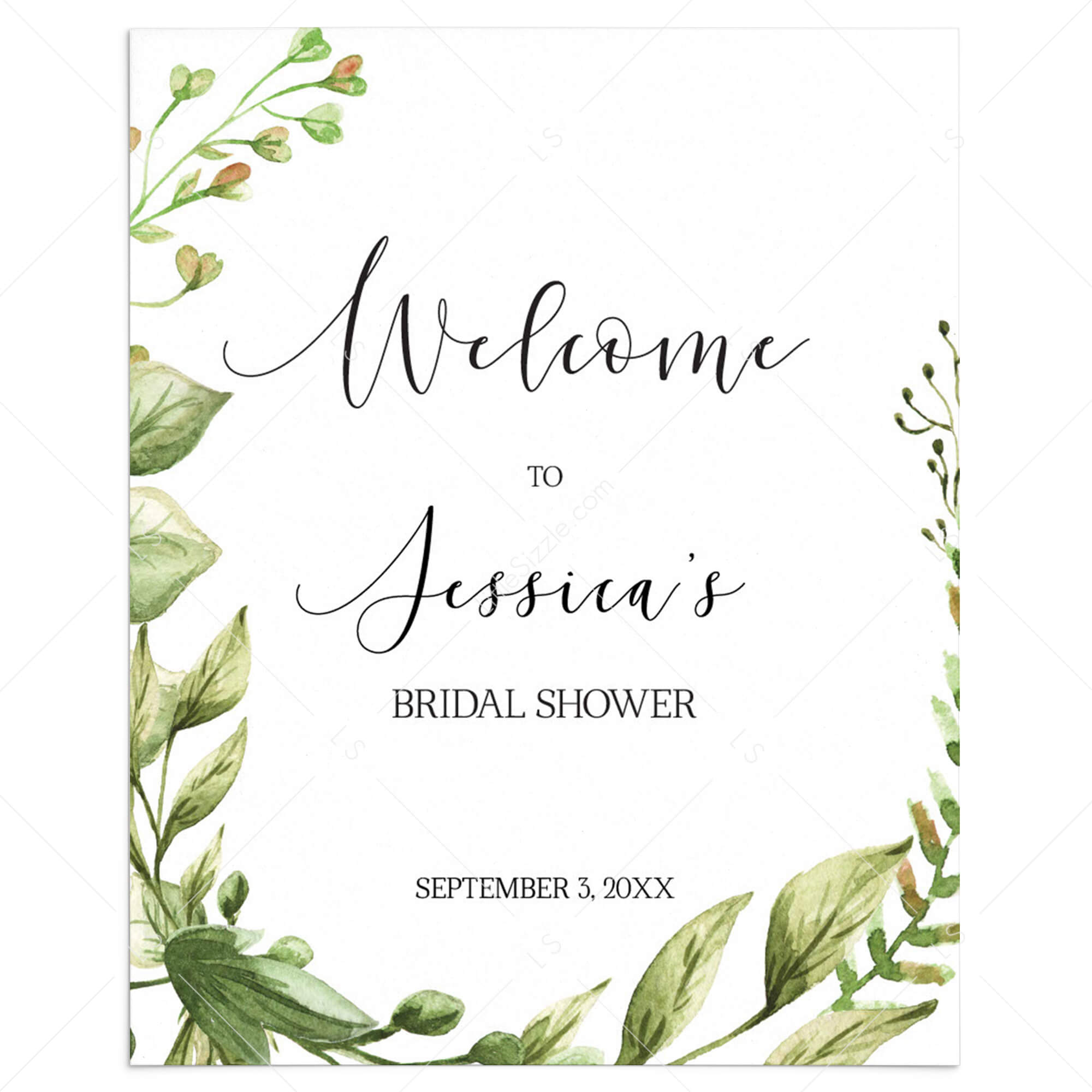 Greenery Bridal Shower Welcome Sign Template  Editable PDF