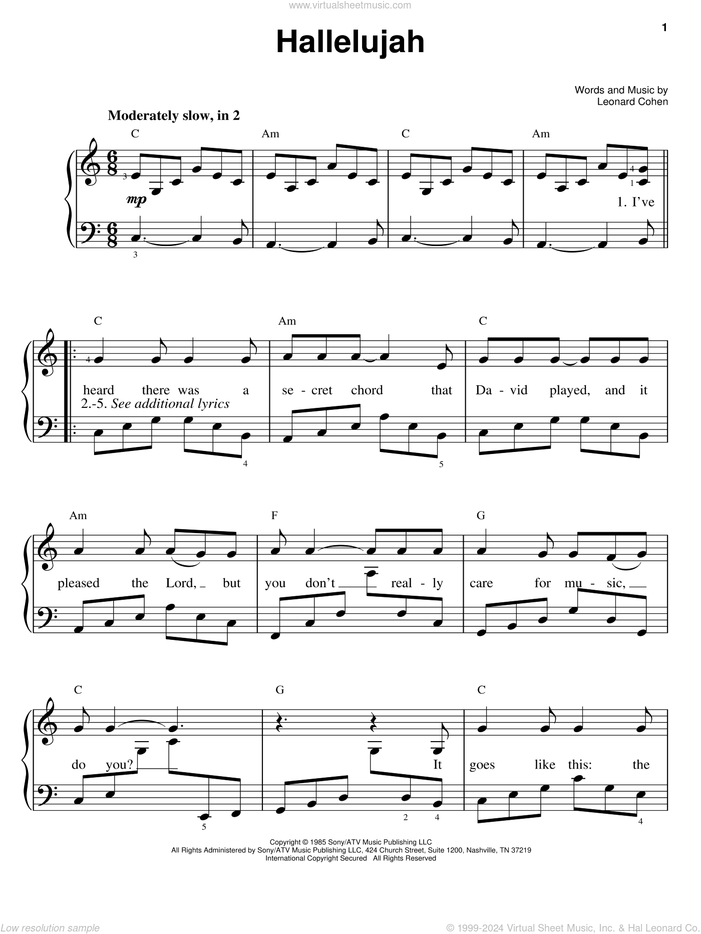 Hallelujah sheet music (easy version ) for piano solo (PDF)