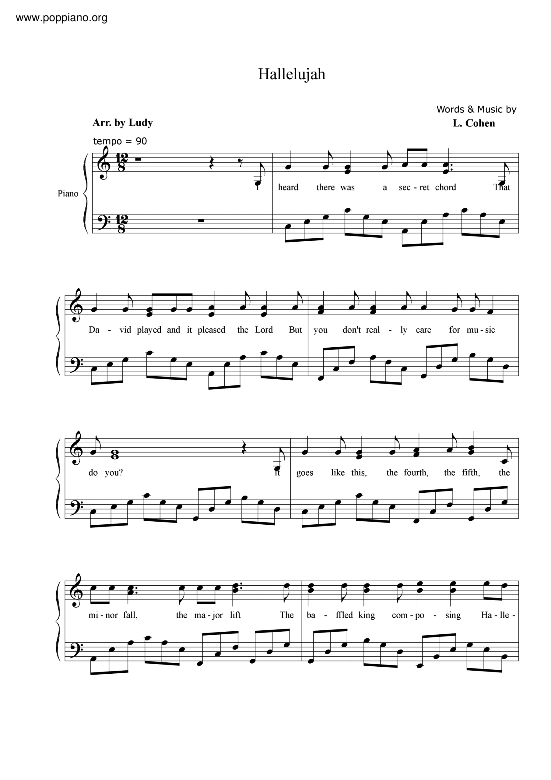 ☆ Hallelujah  Sheet Music  Piano Score Free PDF Download