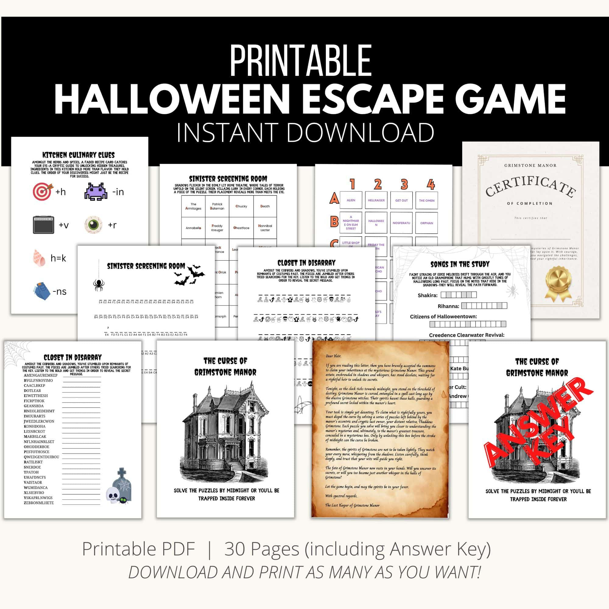 Halloween Escape Room Game Printable - "The Curse of Grimstone Manor" Halloween Escape Room Game Printable - "The Curse of Grimstone Manor"