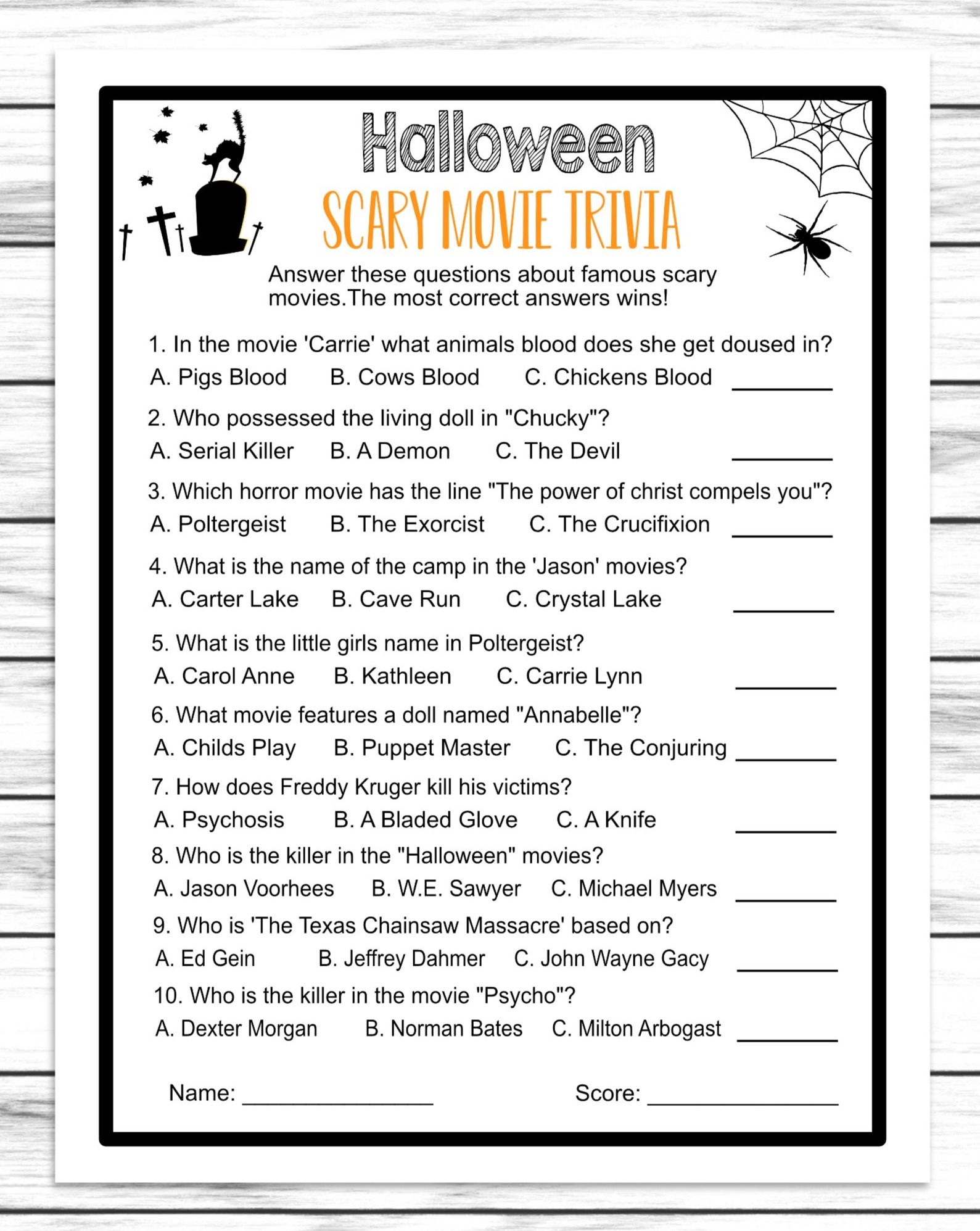 Halloween Scary Movie Trivia Quiz,Costume Party Game, Printable Or Halloween Scary Movie Trivia Quiz,Costume Party Game, Printable Or