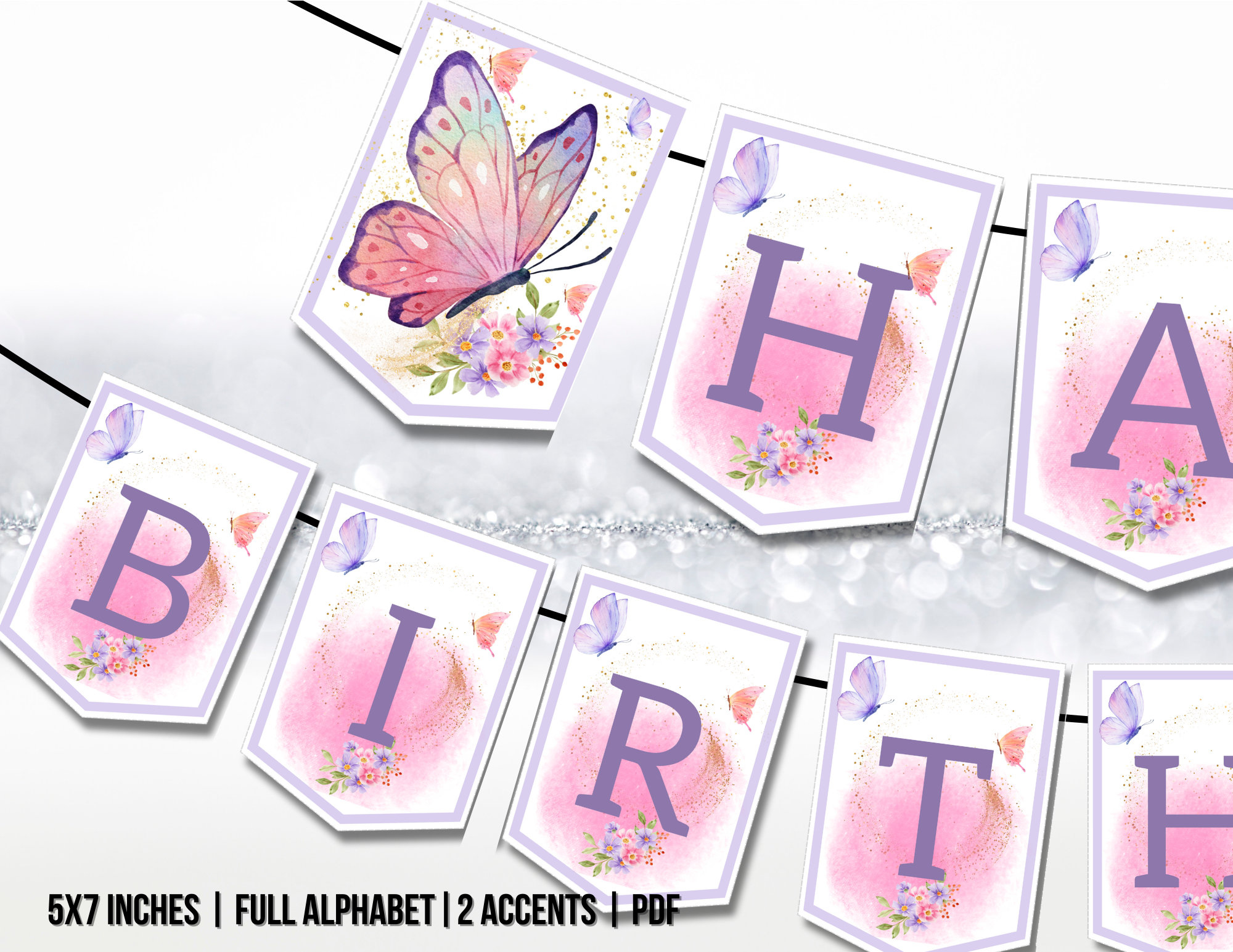 Happy Birthday Banner Butterfly Birthday Banner Floral Flowers