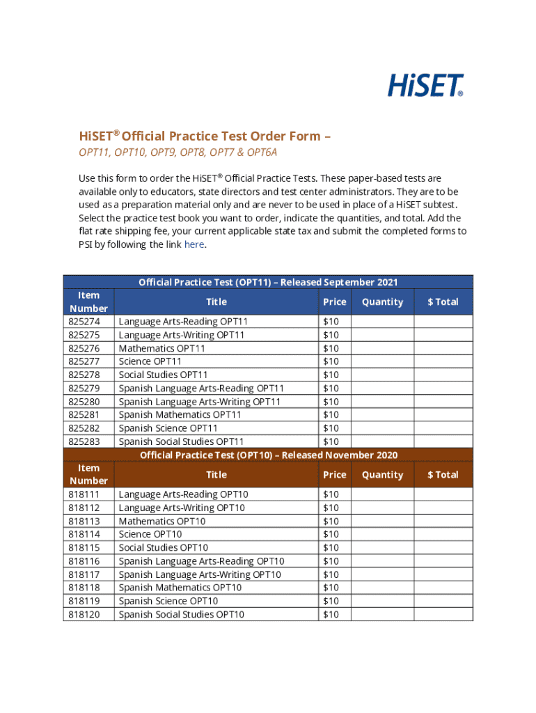 - HiSET Official Practice Test Order Form Fill Online - HiSET Official Practice Test Order Form Fill Online