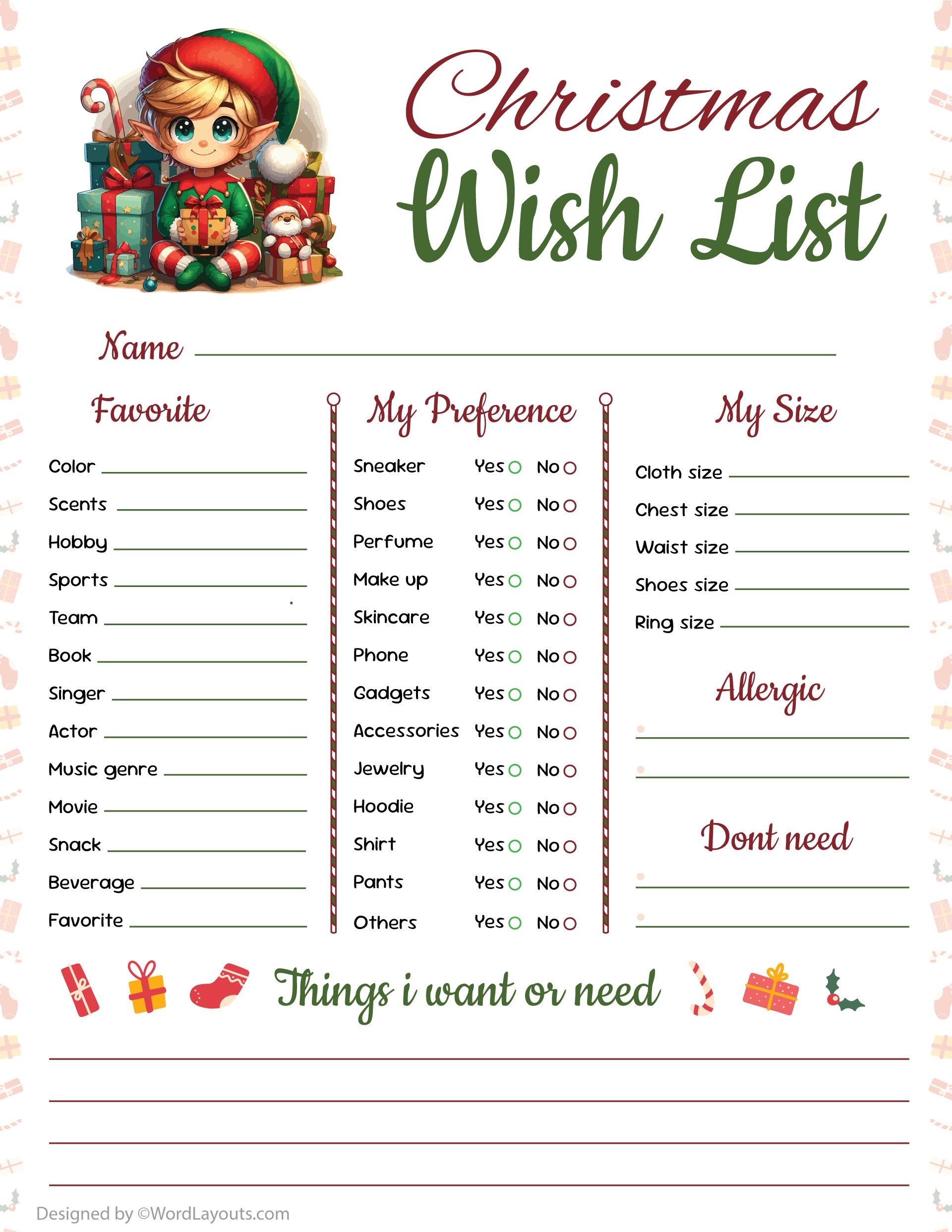 Holiday Gift Planning Christmas Wish List Template - WordLayouts