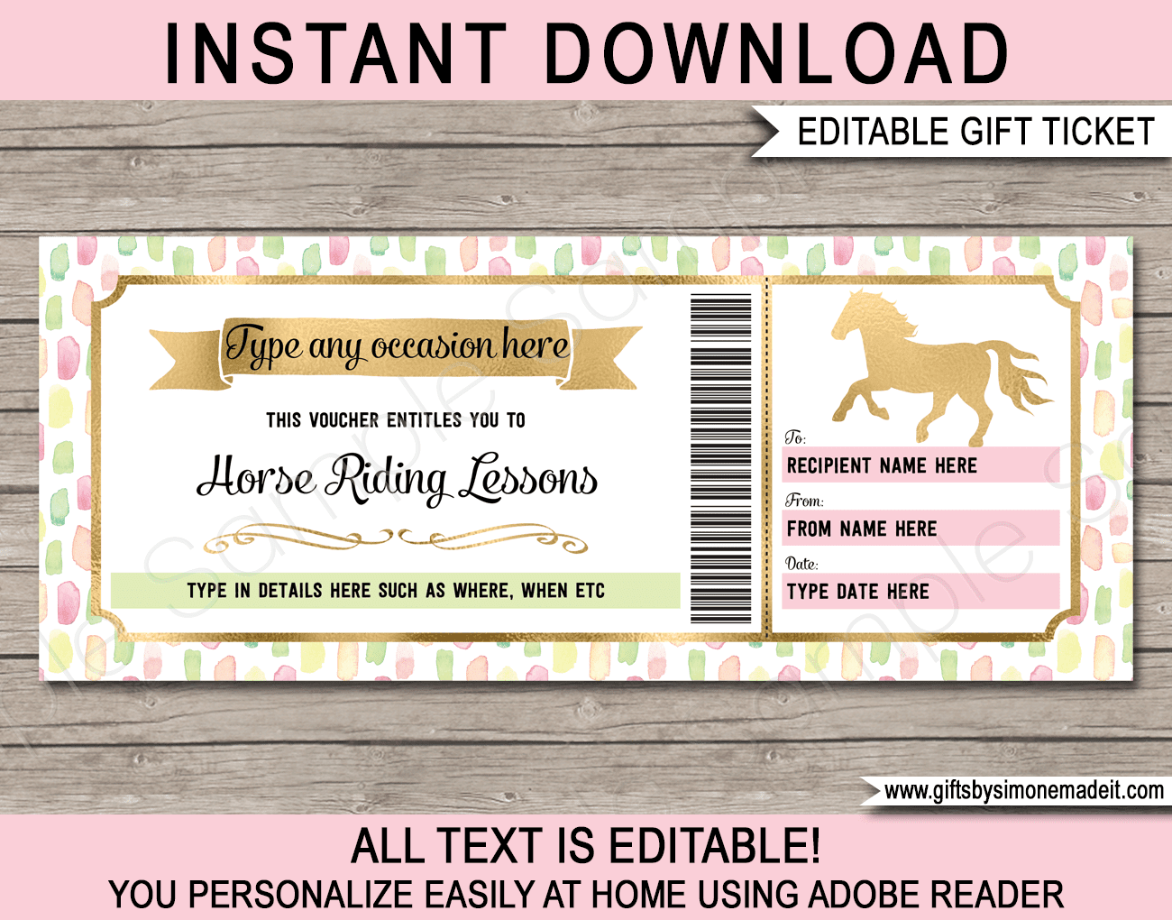 Horse Riding Lessons Gift Voucher & Sleeve - pretty pastel