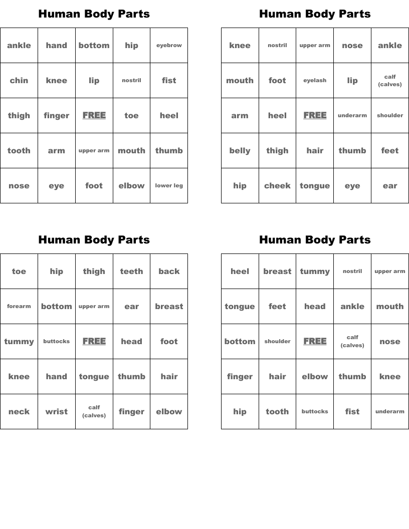 Human Body Parts Bingo Cards - WordMint Human Body Parts Bingo Cards - WordMint