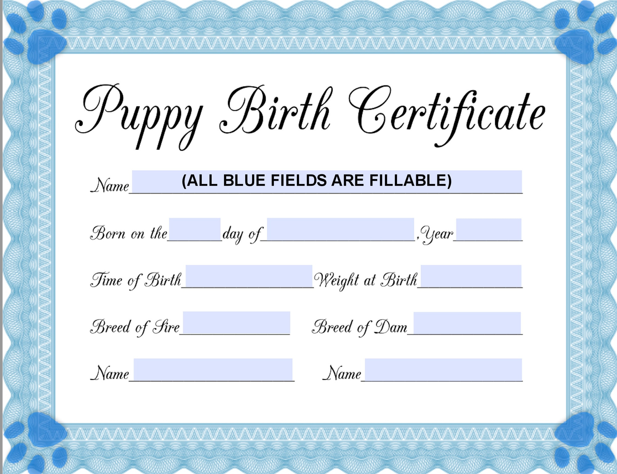 INSTANT Fillable Printable PDF Puppy Birth Certificate (blue-male