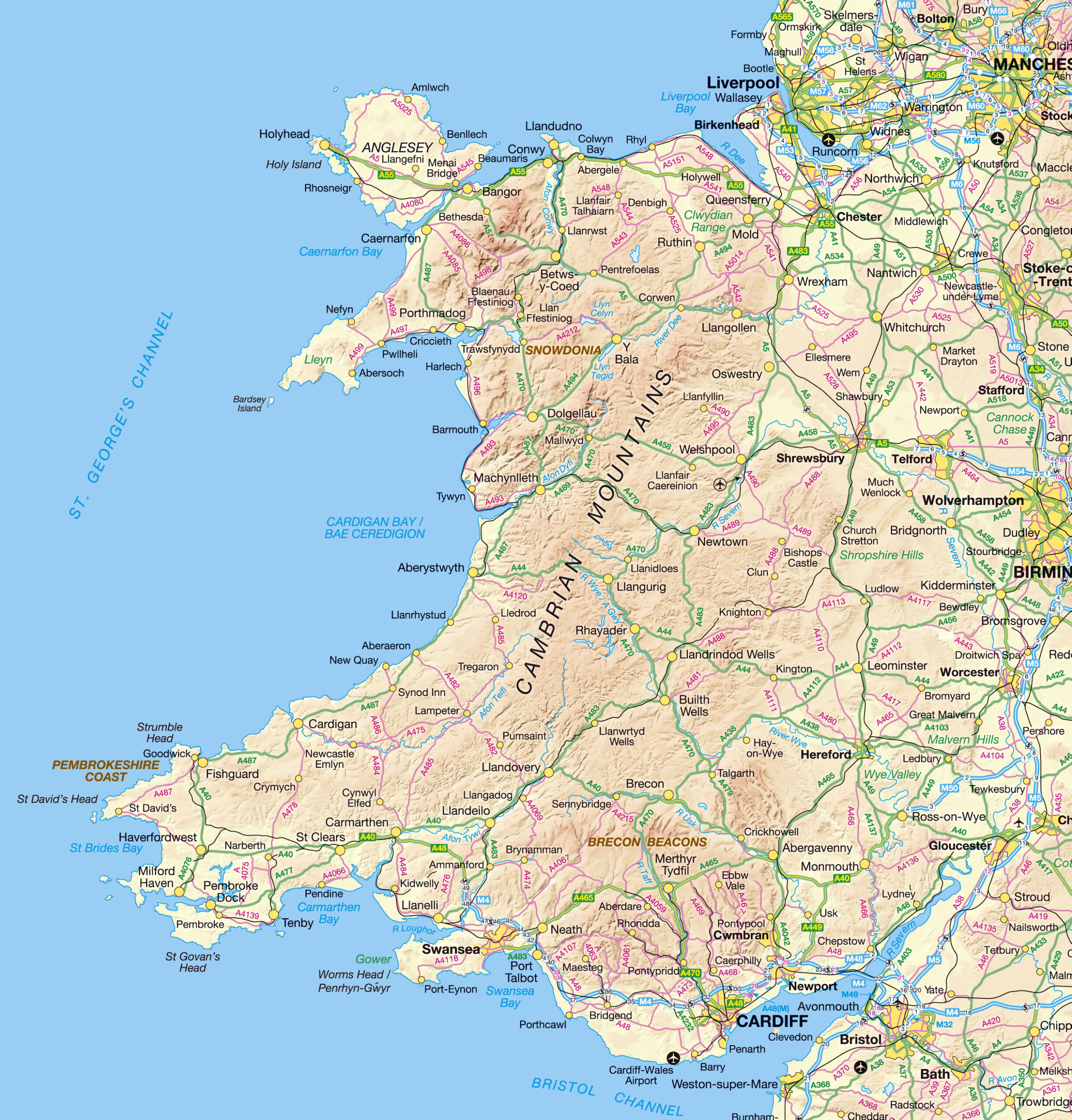 Large detailed map of Wales with relief, roads and cities  Wales