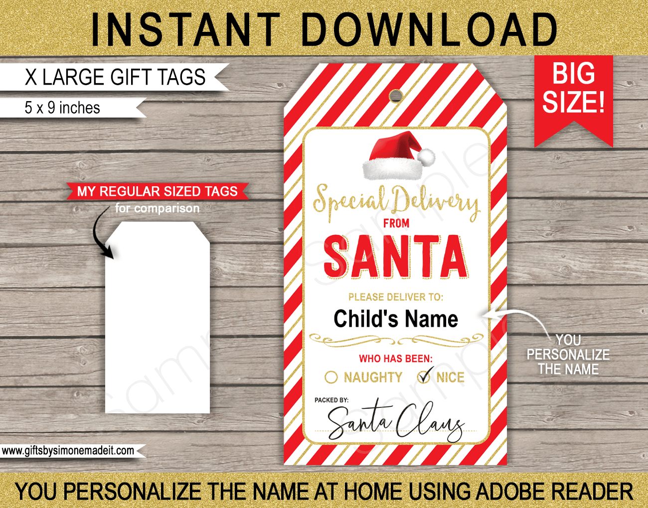 Large Santa Christmas Gift Tags - red & gold