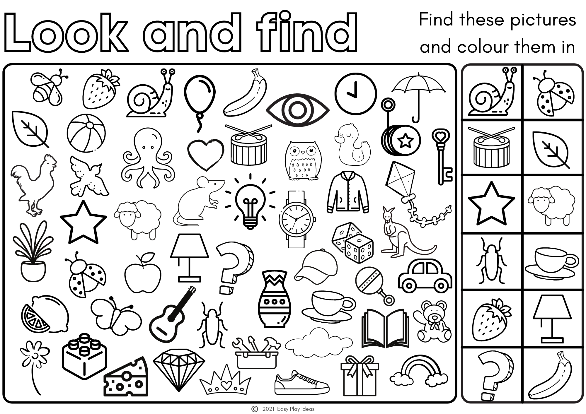Look and find free colouring page