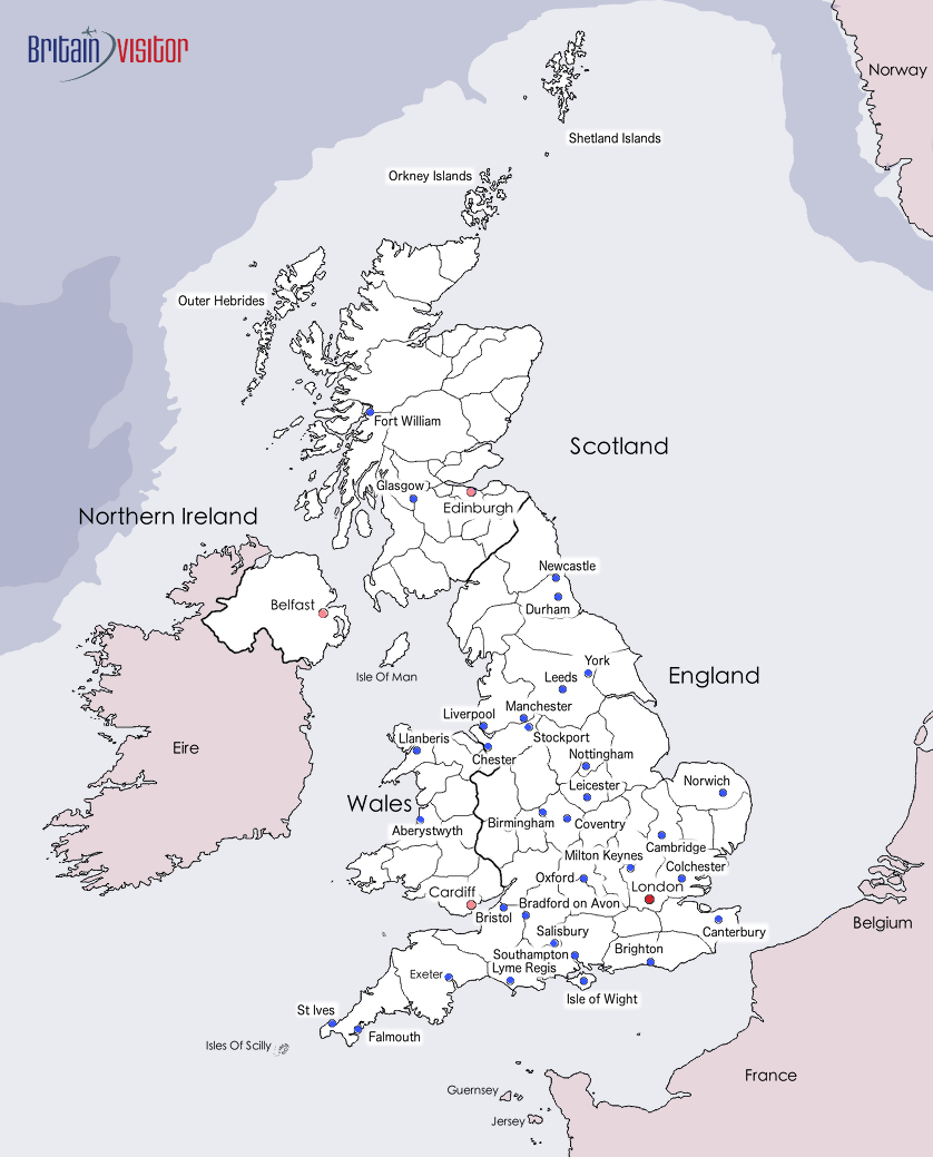 Map of Major Towns & Cities in the British Isles  Britain Visitor