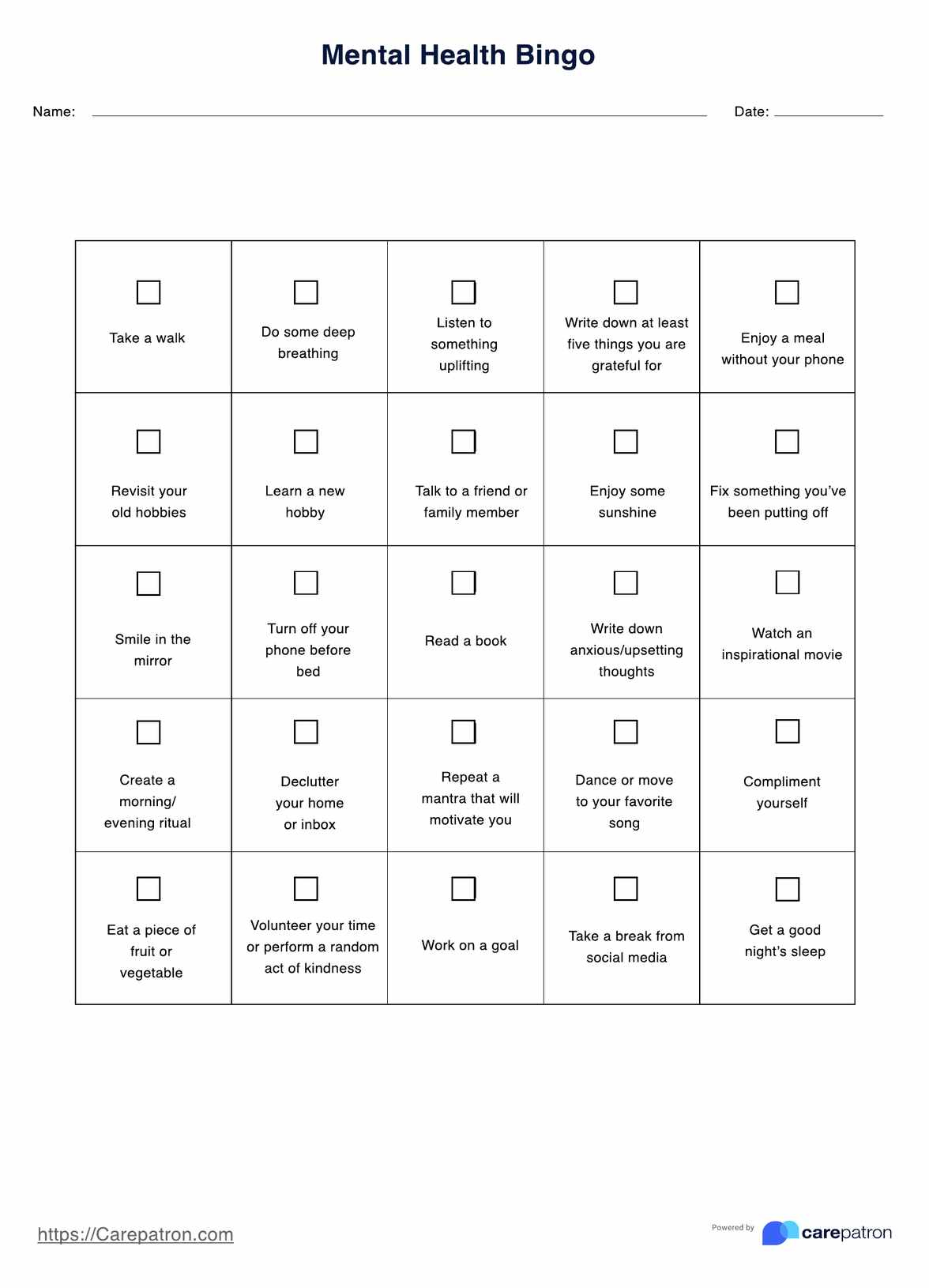Mental Health Bingo