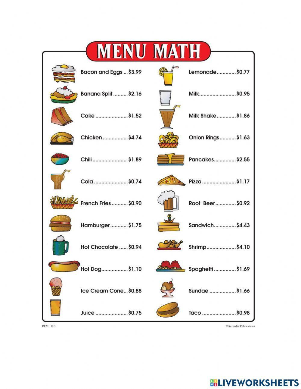 Menu math worksheet - Worksheets Library