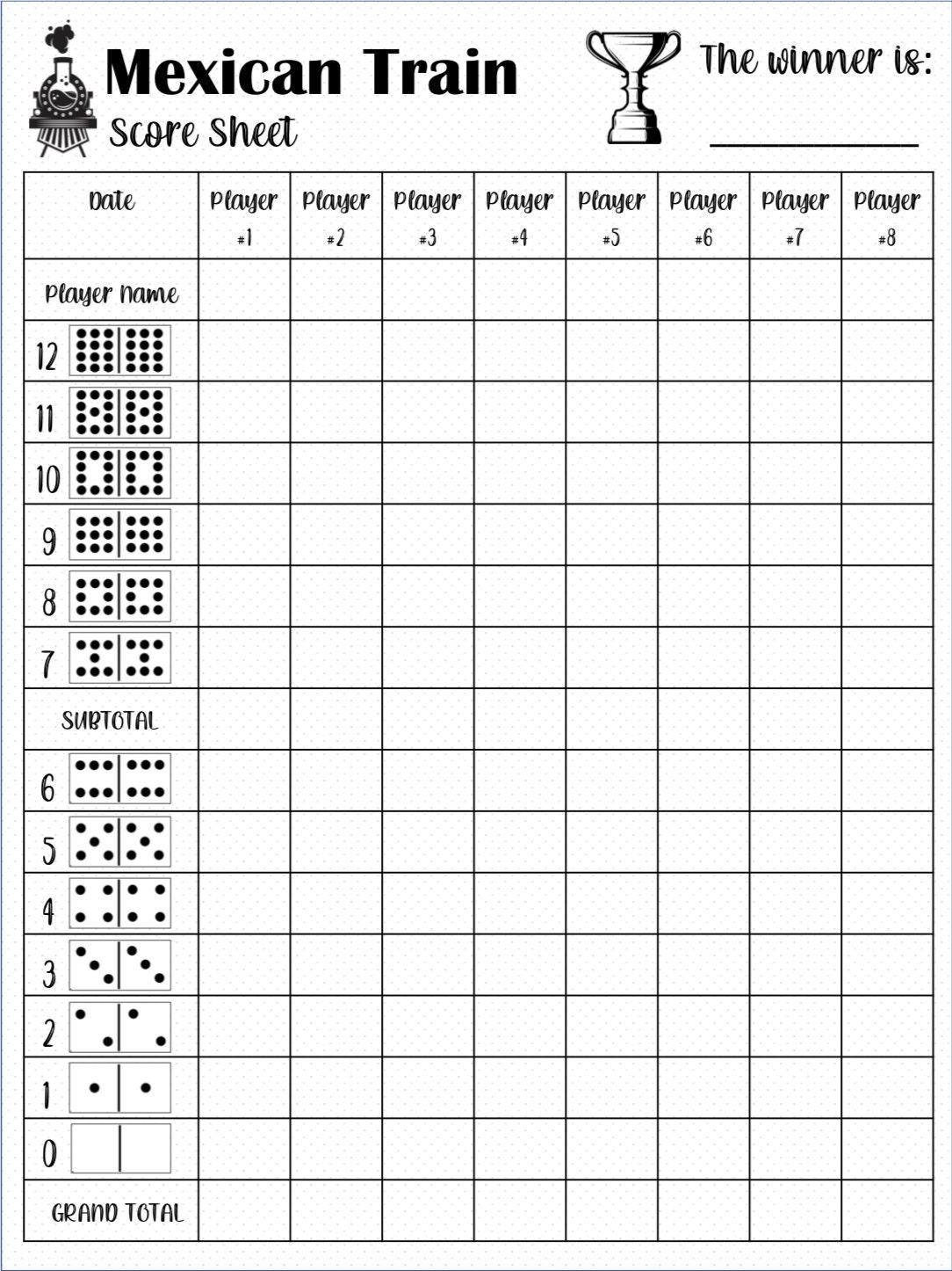 Mexican Train Score Card - Mexican Train Scoresheet - Mexican Mexican Train Score Card - Mexican Train Scoresheet - Mexican