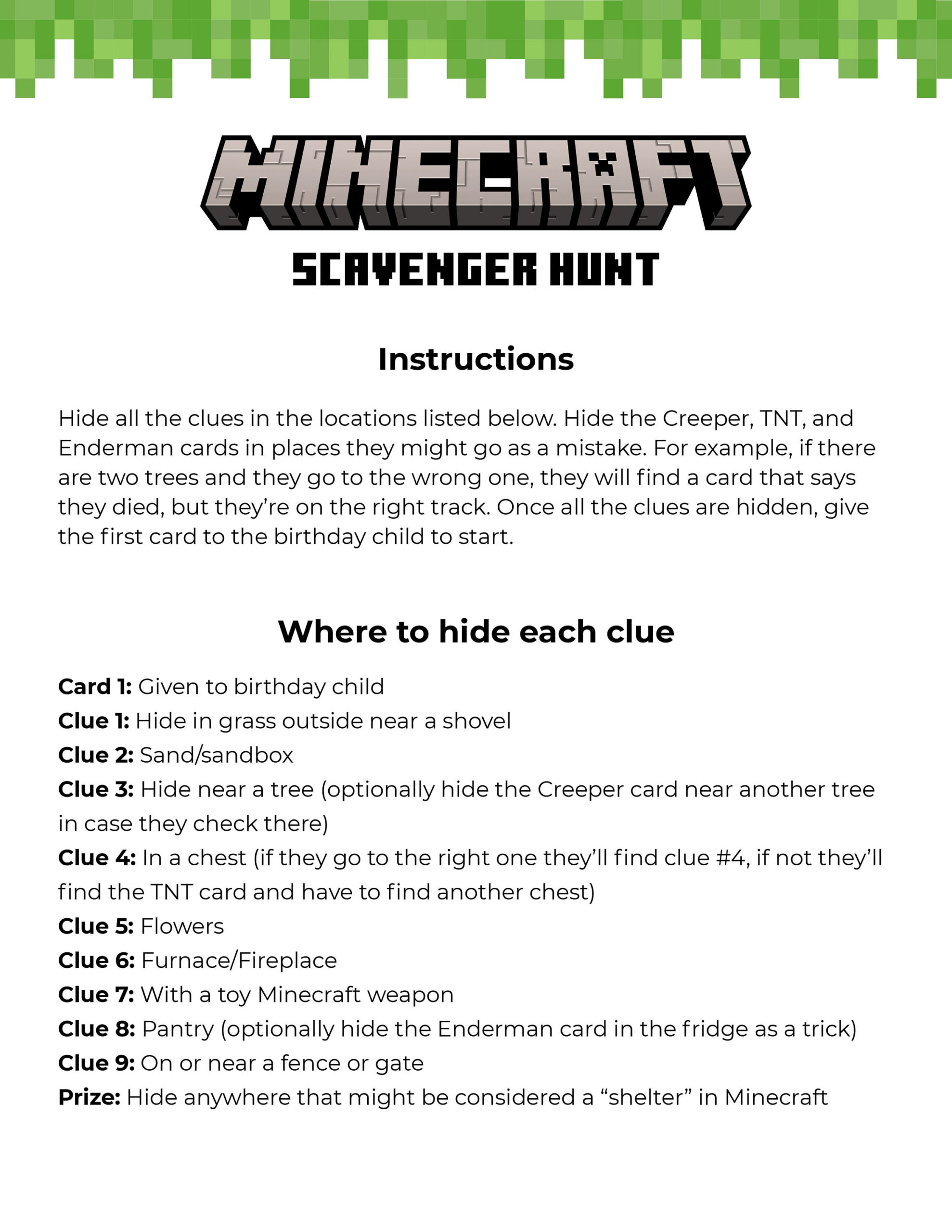 Minecraft Birthday Party Printable Scavenger Hunt Instant Minecraft Birthday Party Printable Scavenger Hunt Instant