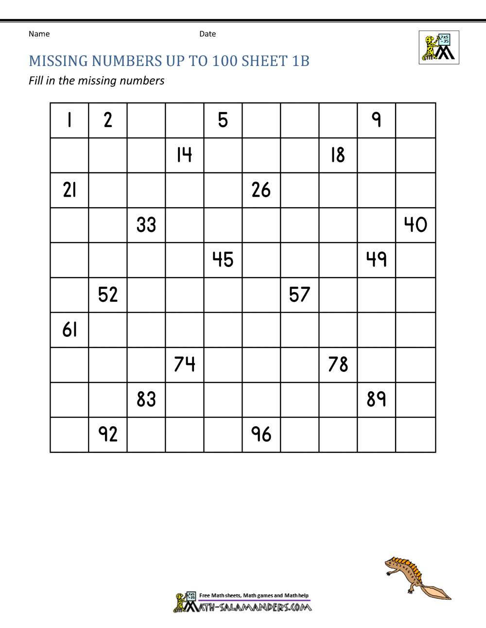 Missing Number Chart  00