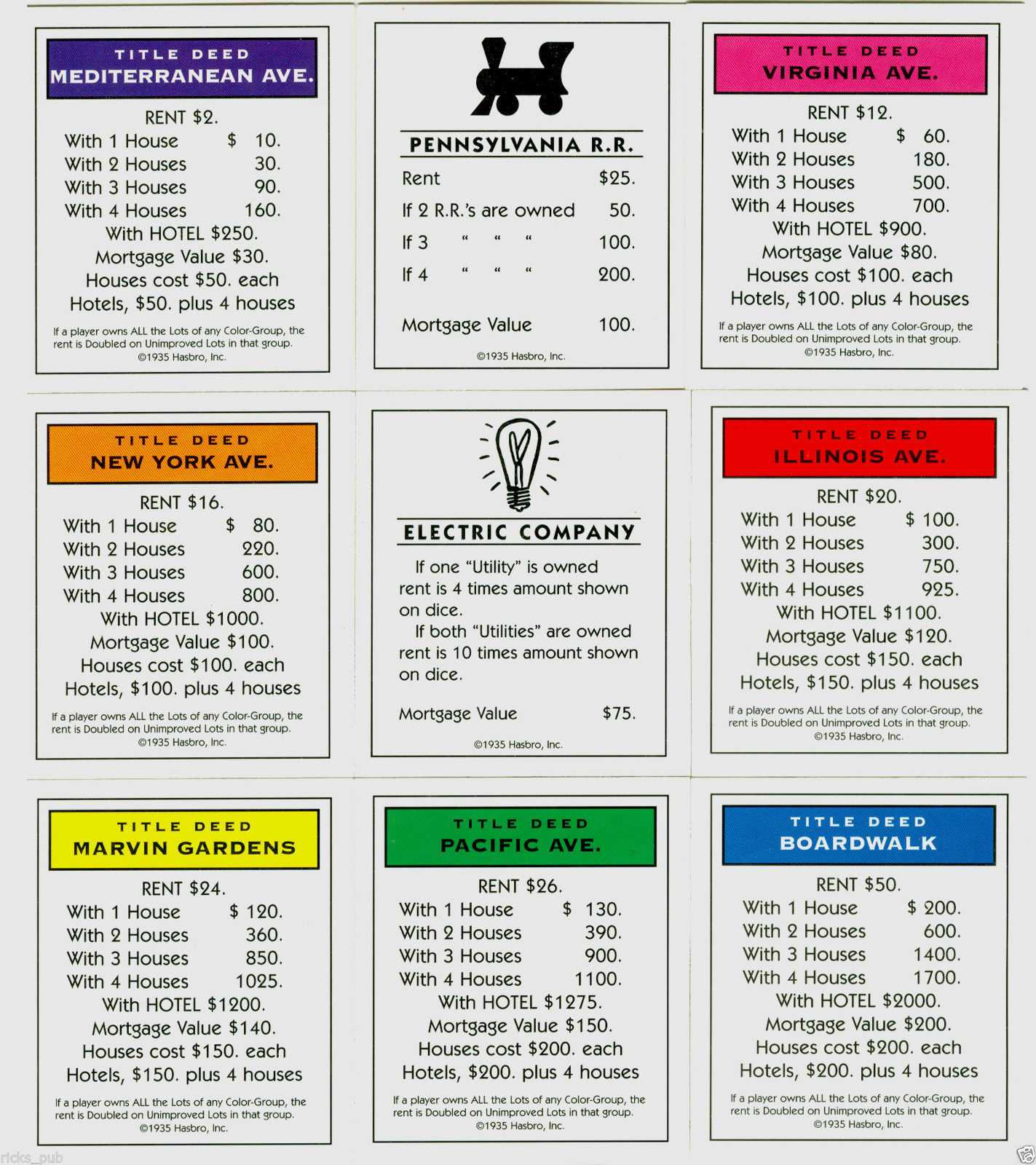 Monopoly Cards Printable