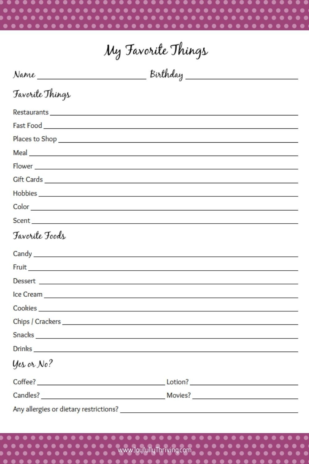 My Favorite Things List - Free Printable Gift Ideas for Teachers