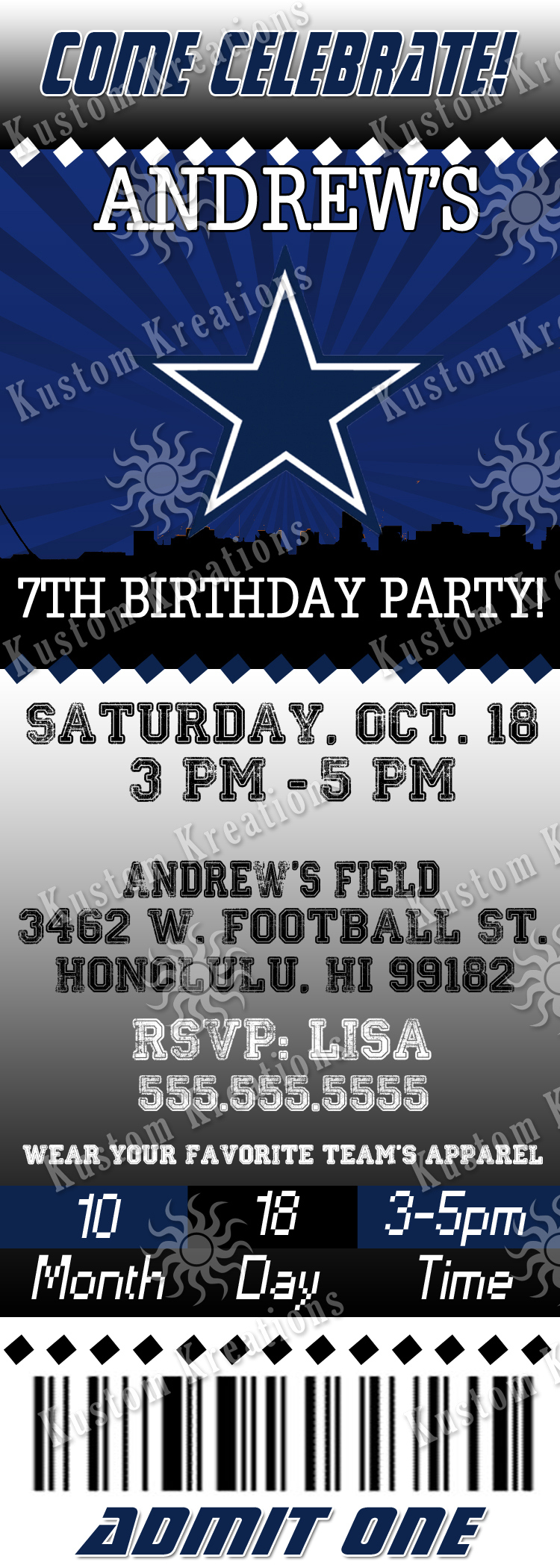 NFL Dallas Cowboys Ticket Birthday Invitation  Kustom Kreations