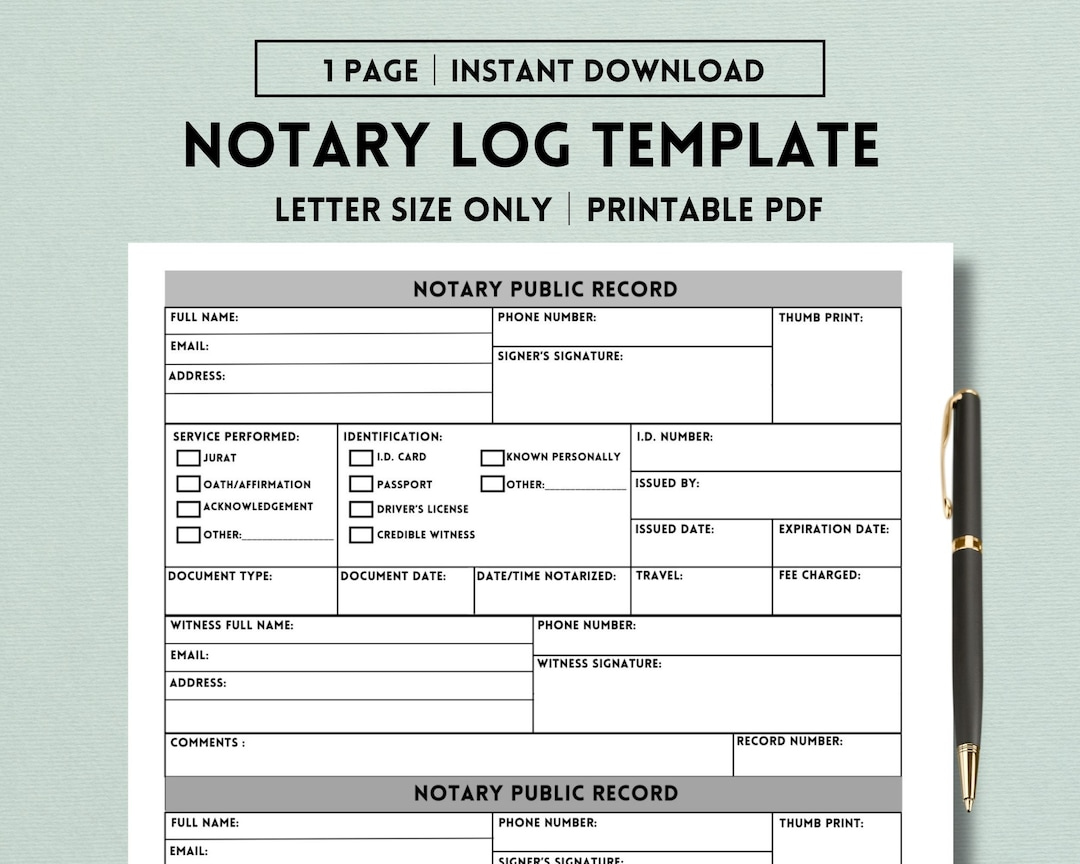 Notary Log Printable, Notary Public Record, Notary Journal, Notary