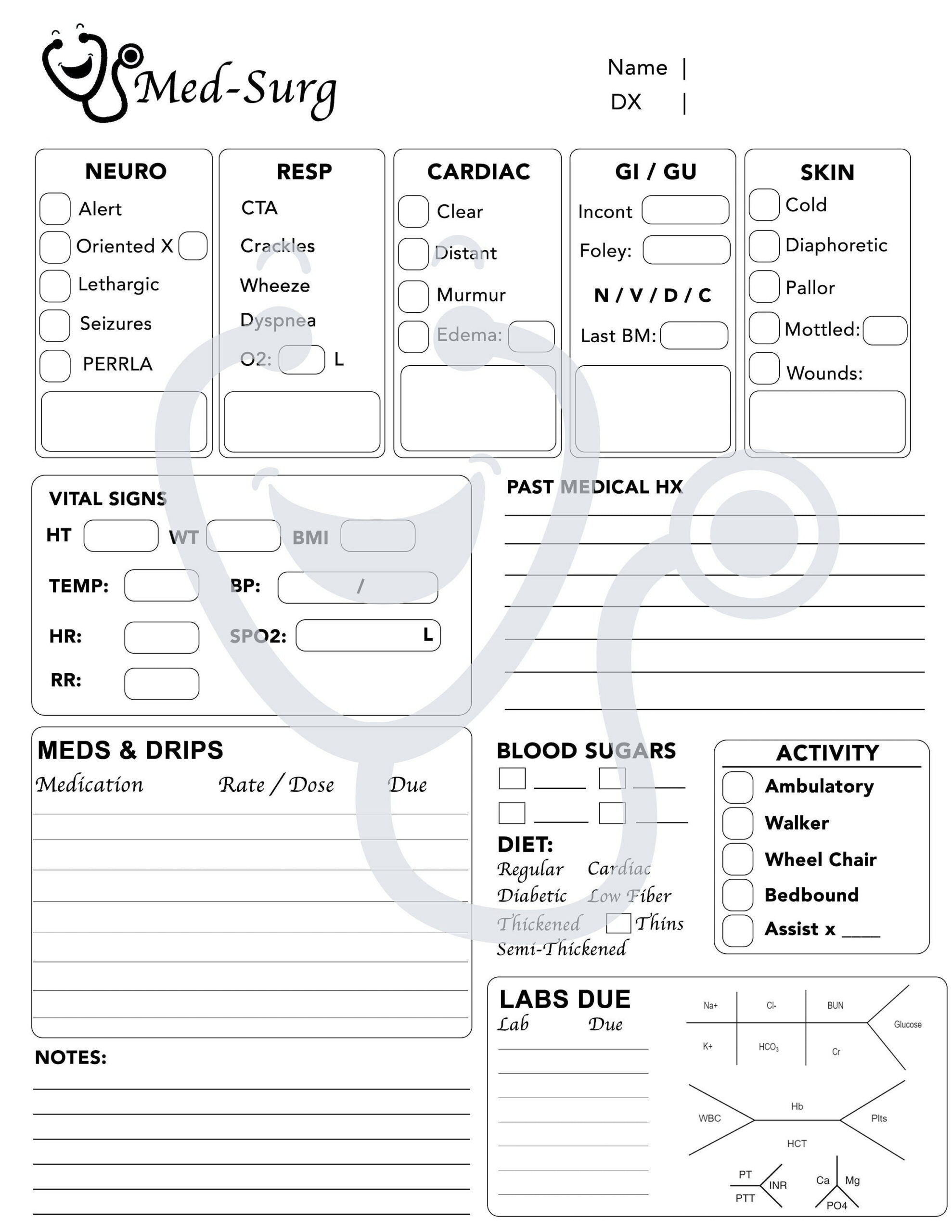 Notebook Nurse Bran Sheet, Nursng Report Sheet, Med Surg  Nurse