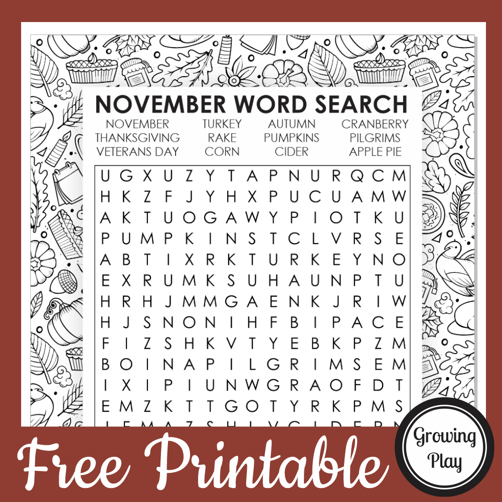 November Word Search Free Printable - Growing Play