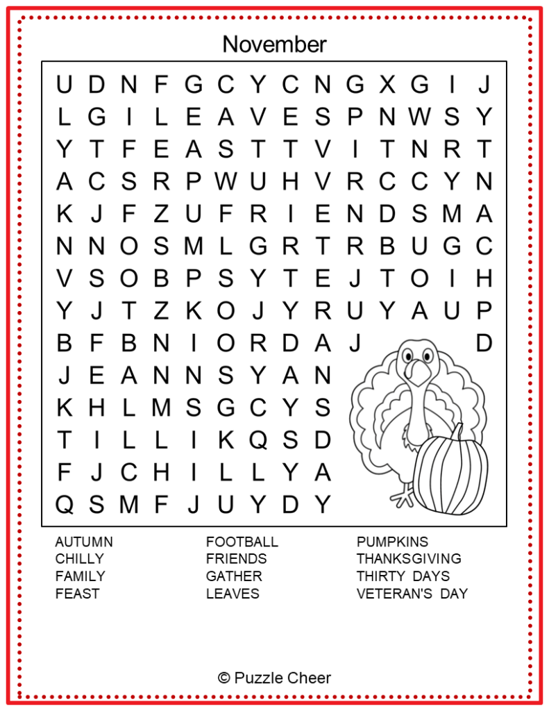 November Word Search Puzzle - Puzzle Cheer