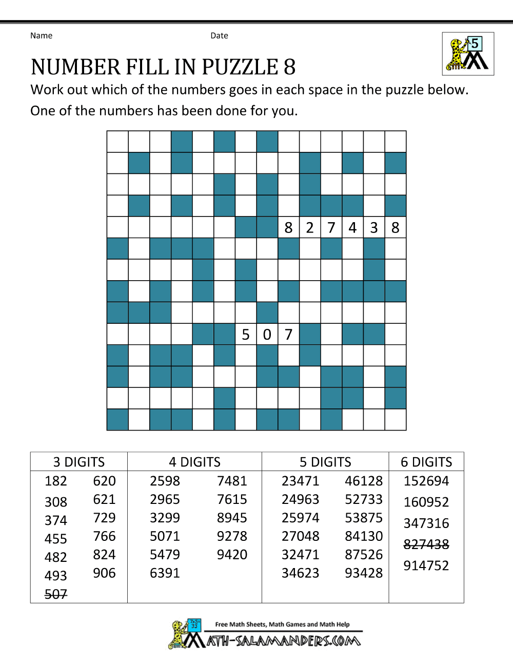 Number Fill in Puzzles Number Fill in Puzzles