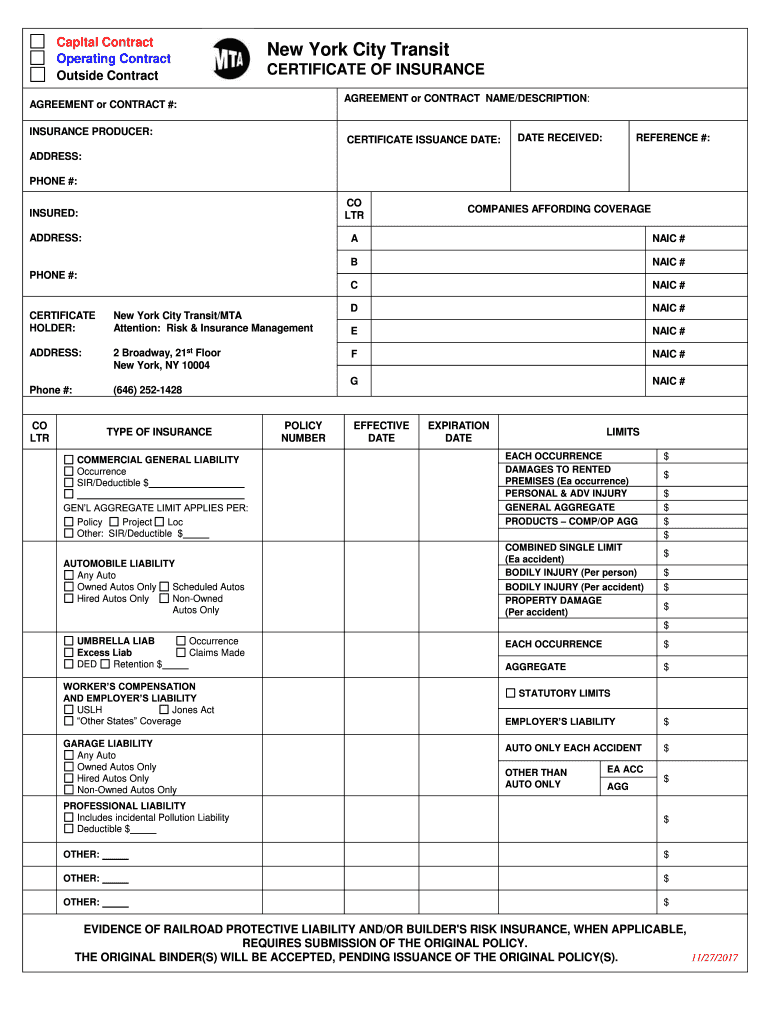 NY Certificate of Insurance Form - Fill Online, Printable