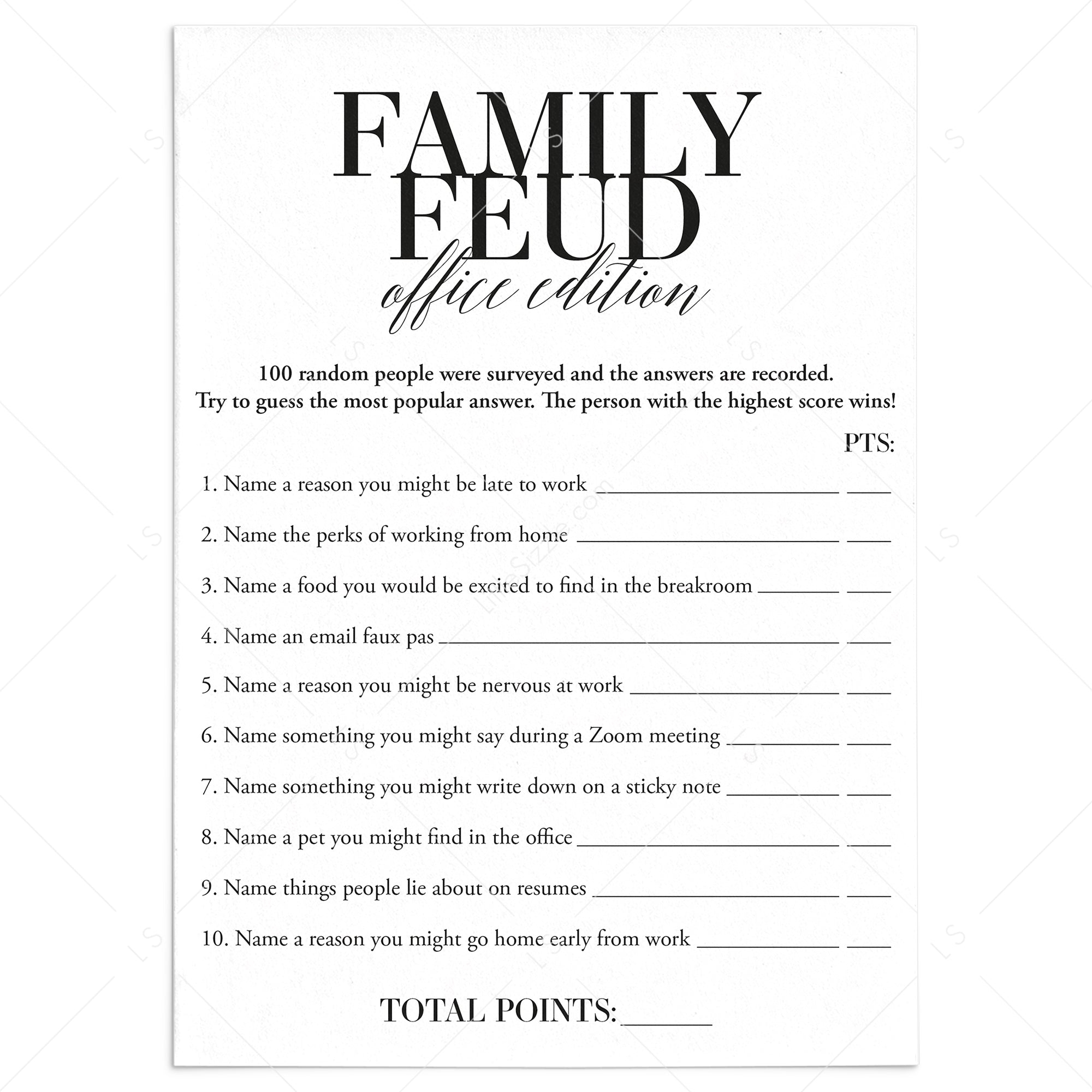 Office Family Feud Questions and Answers Printable  Office Party
