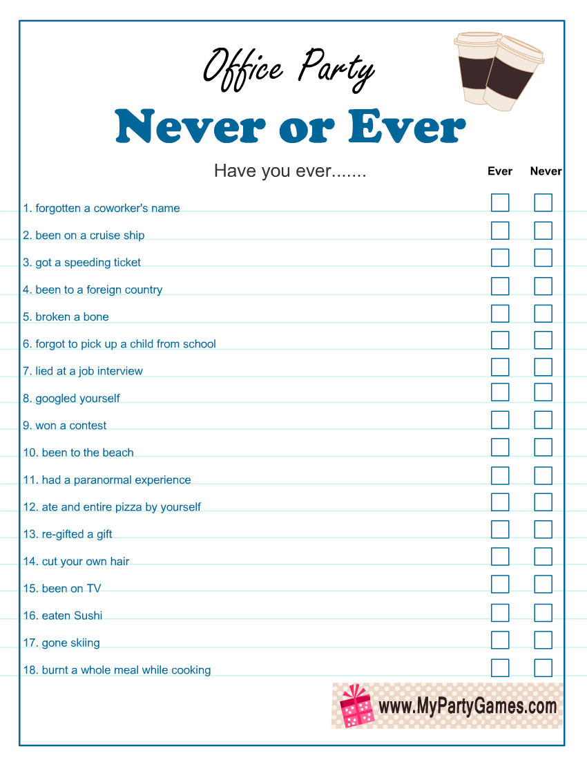 Office Party Free Printable Ever or Never Game Office Party Free Printable Ever or Never Game