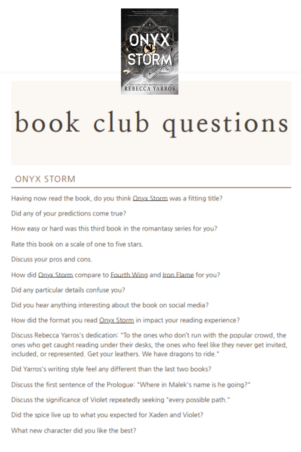 Onyx Storm Book Club Questions: Printable PDF & Bingo Card Onyx Storm Book Club Questions: Printable PDF & Bingo Card