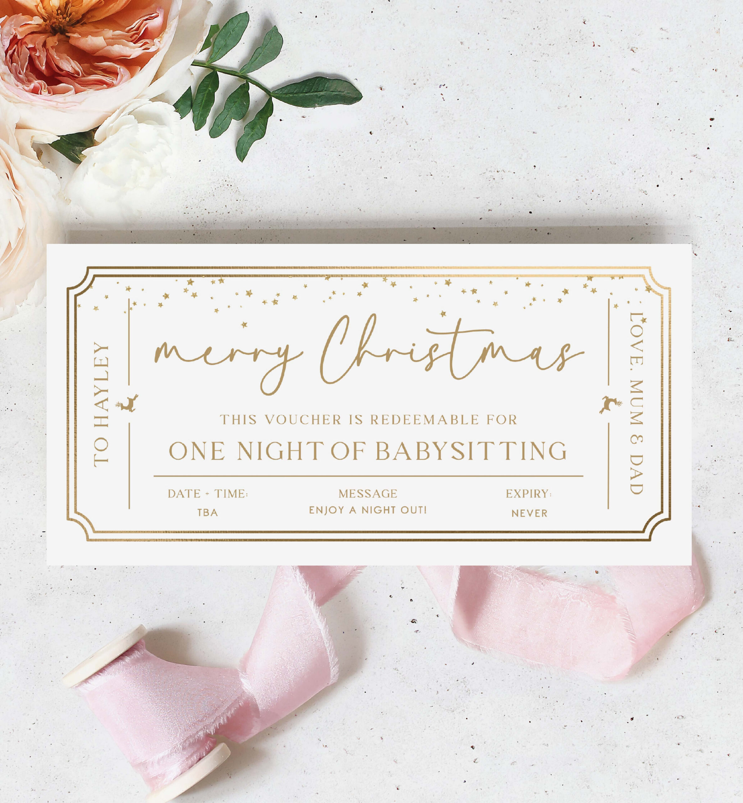 Paintly White Gold  Printable Babysitting Gift Voucher Template