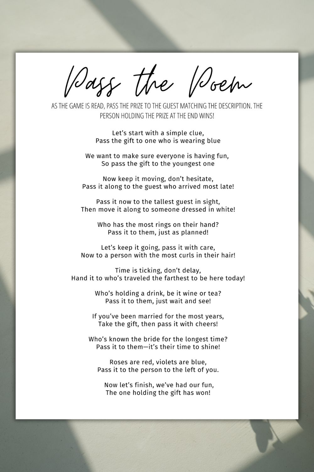 Pass the Poem Bridal Shower Game with FREE Printable