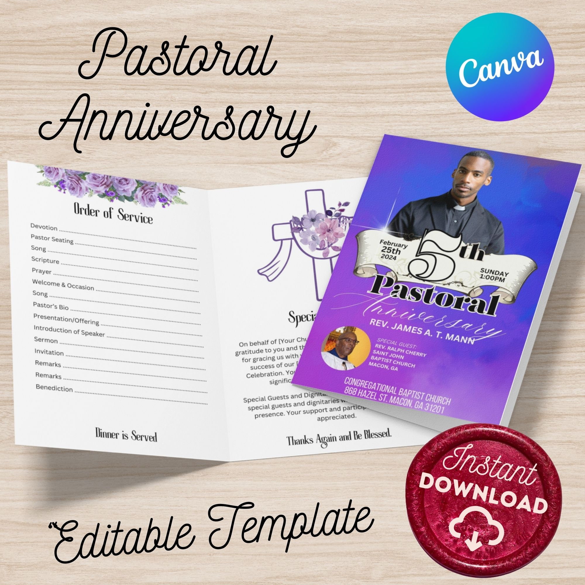 Pastoral Anniversary Program Template  Printable Church Bulletin