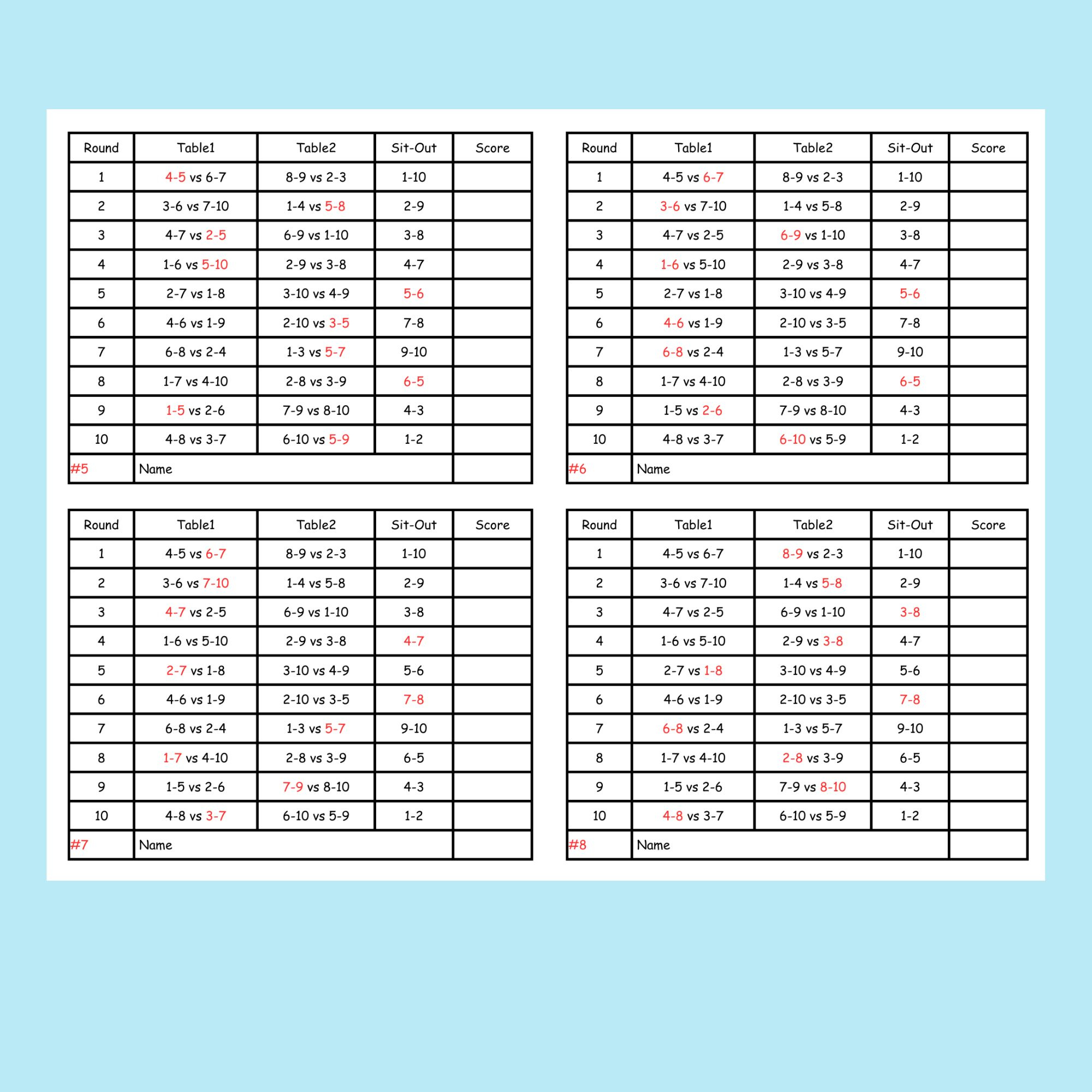 Person Euchre Tournament Rotation Score Card