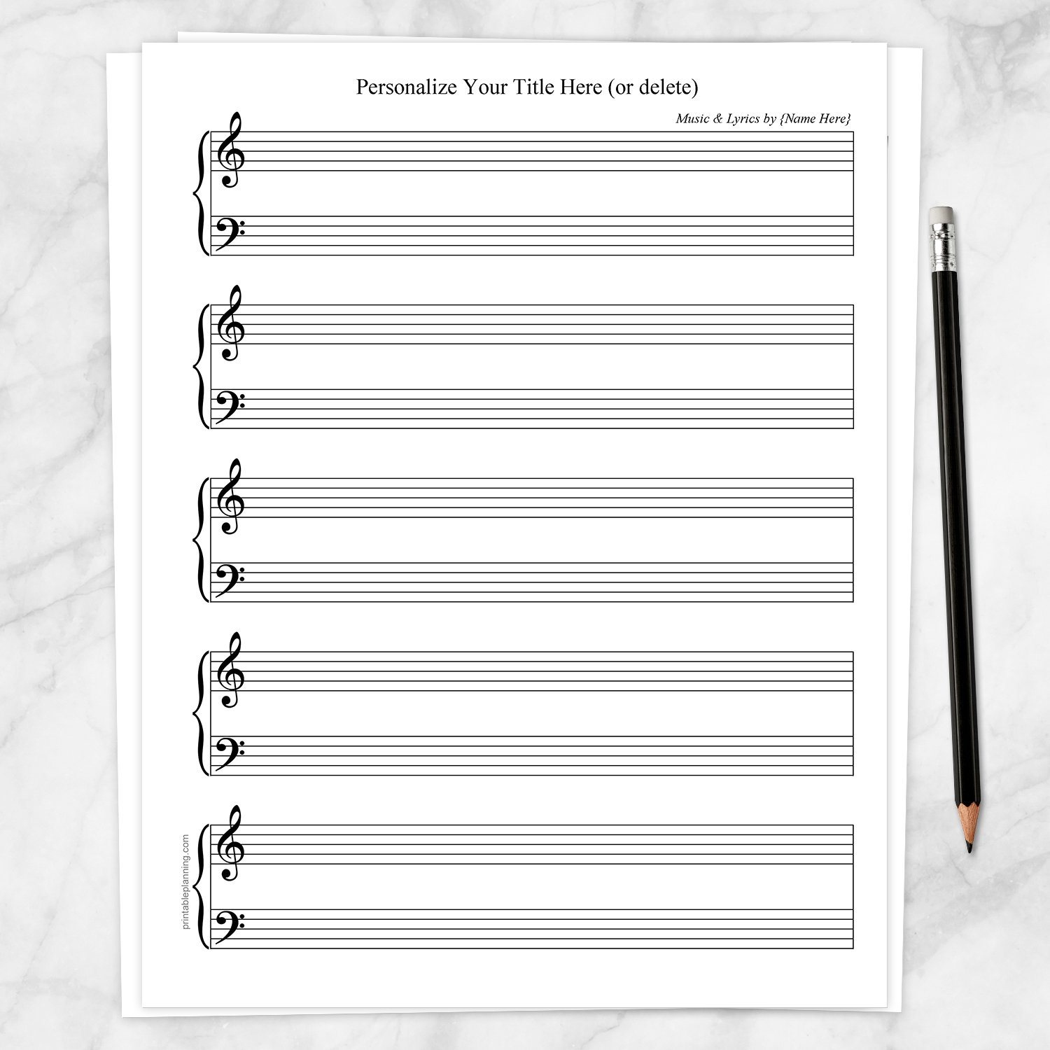 Personalized Blank Piano and Vocals Sheet Music - Printable
