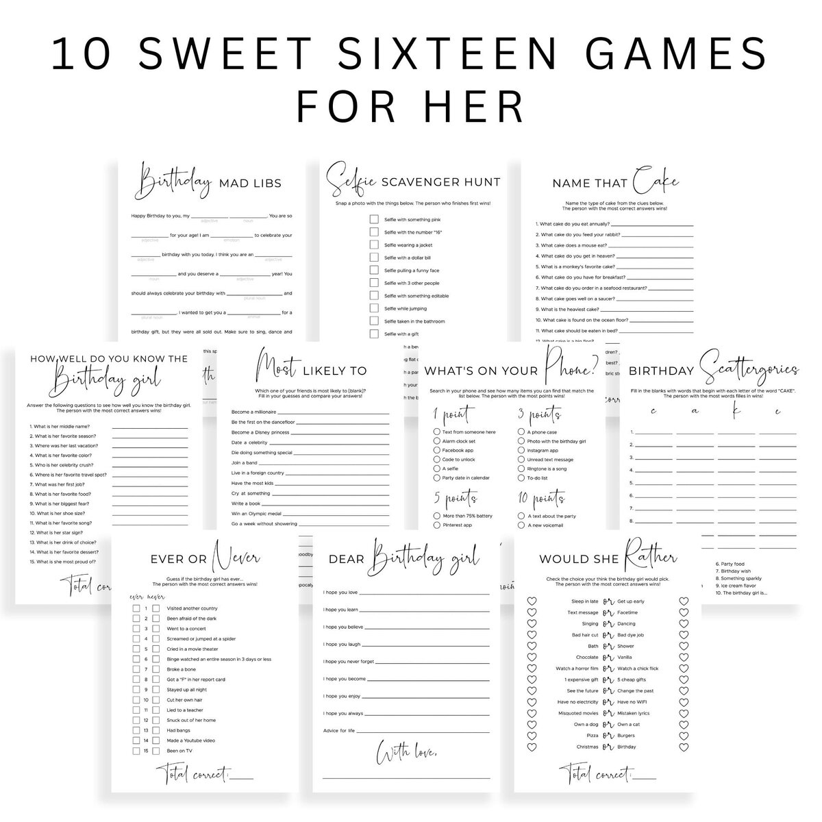 Personalized Sweet  Game Ideas for Her  Editable Printables